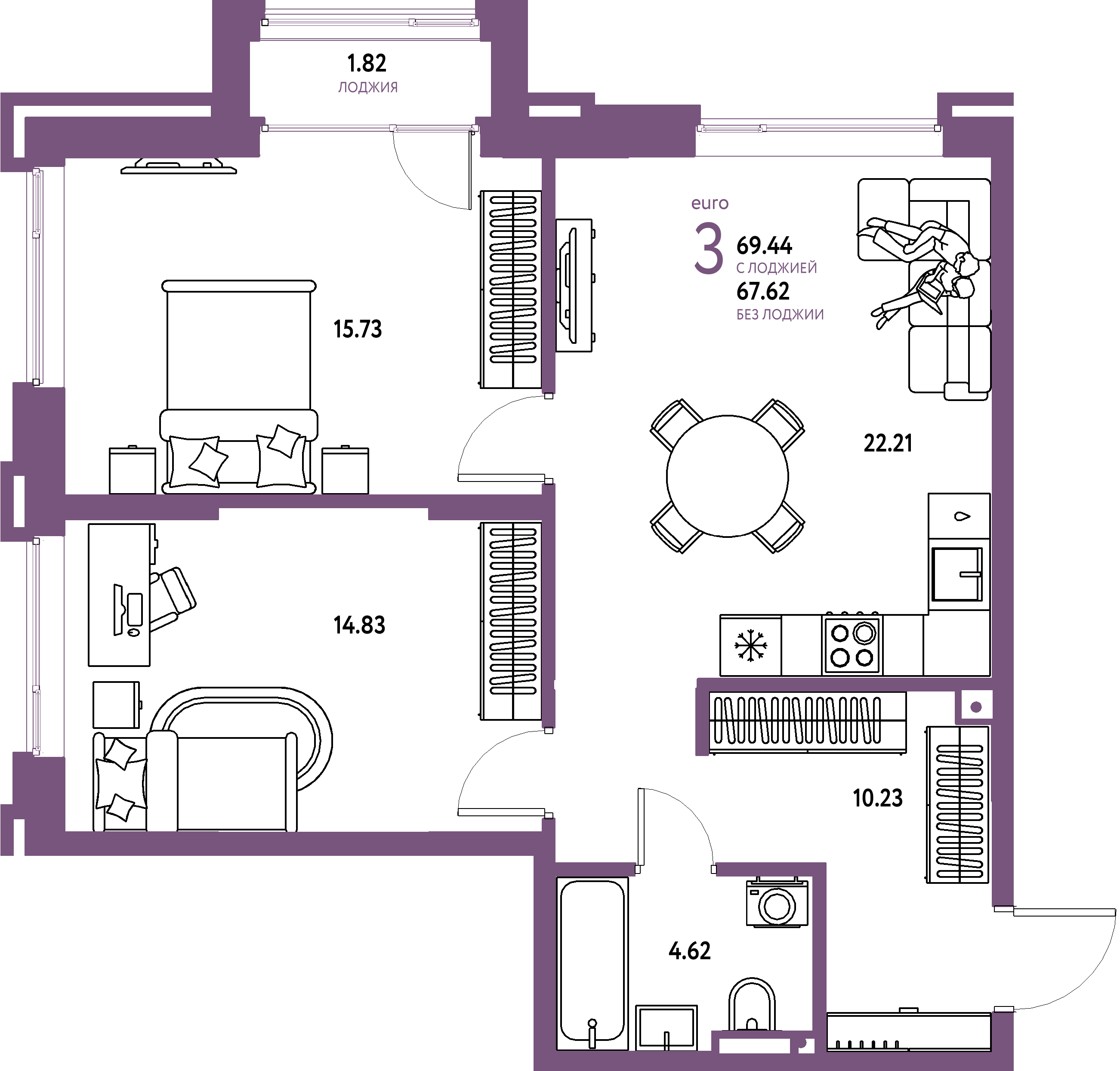 ЖК "Страна.Прибрежная"-3-комнатная 69.44 м²