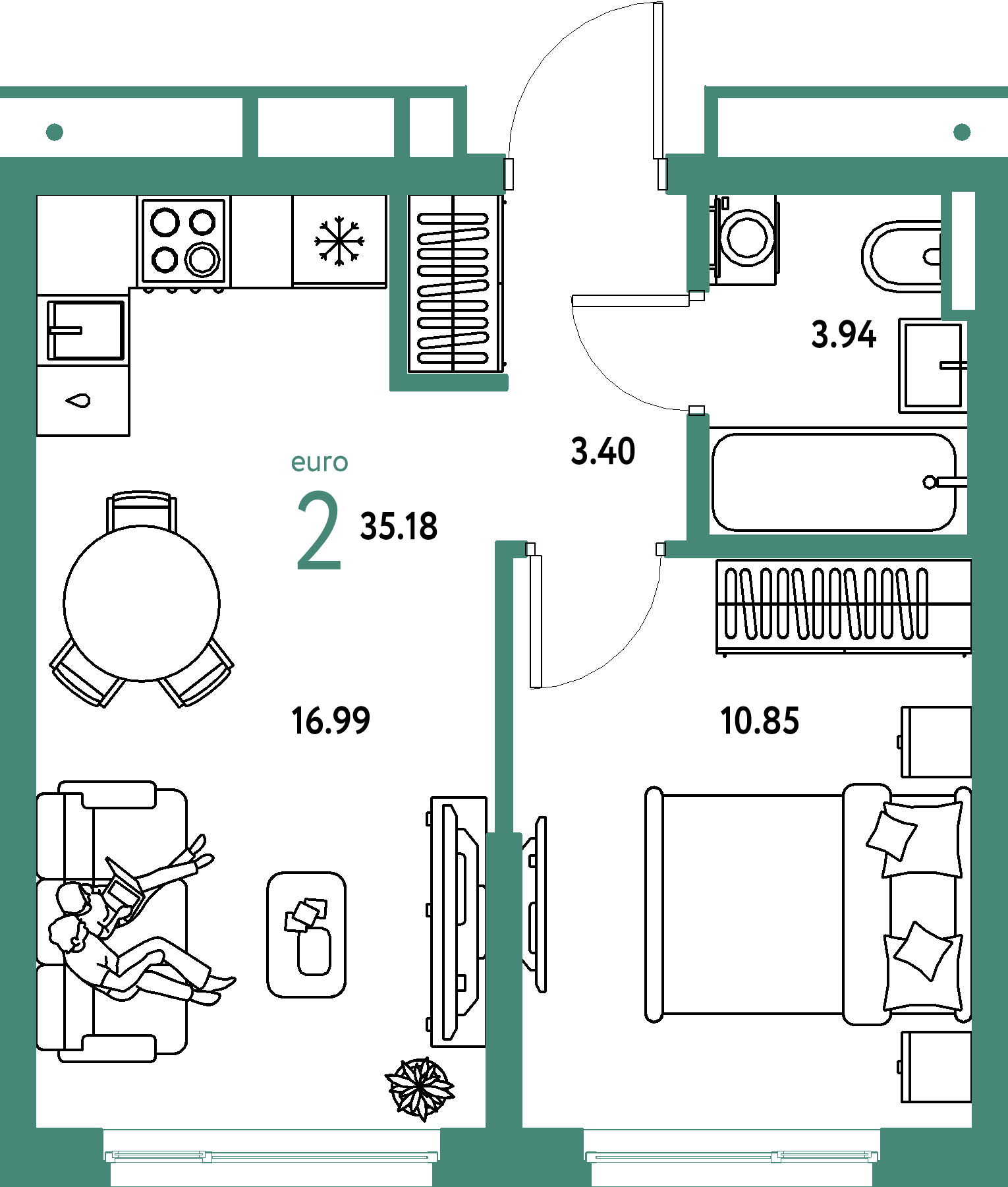 ЖК "Страна.Парковая"-2-комнатная 35.18 м²