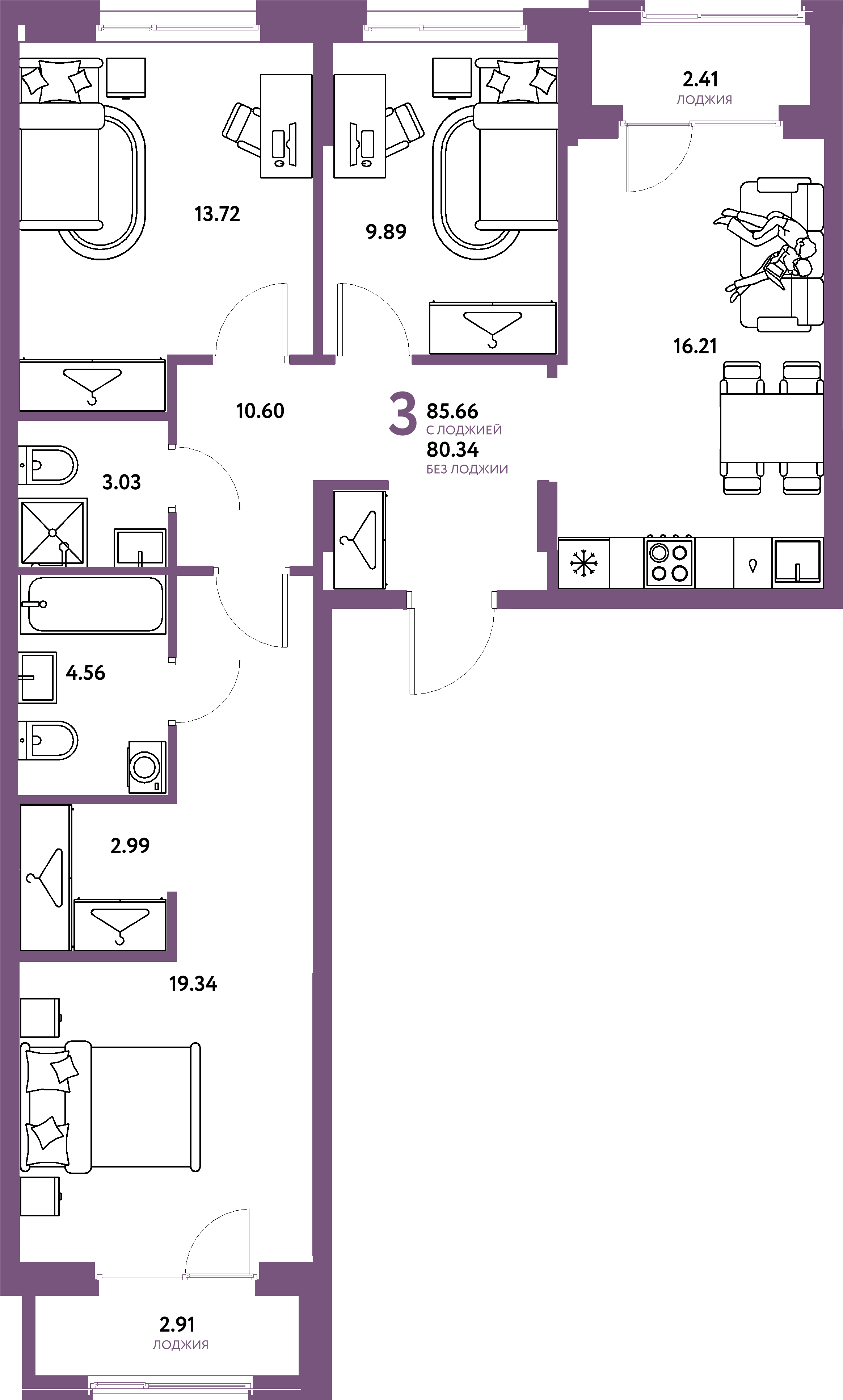 Планировка: 4-комнатная евро 85.7 м² в ЖК Европейский берег 2.0, Европейский