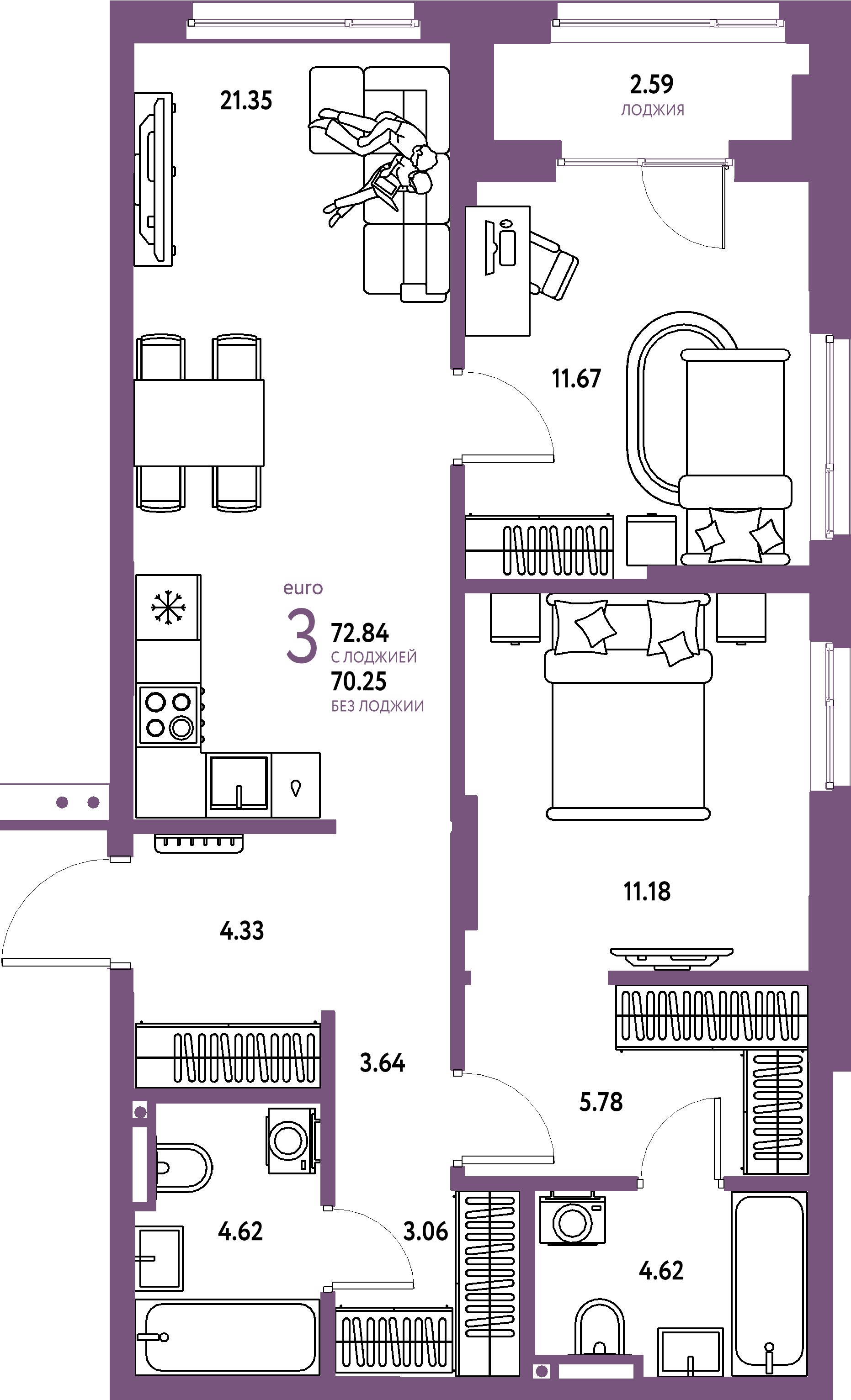 ЖК "Страна.Прибрежная"-3-комнатная 72.84 м²