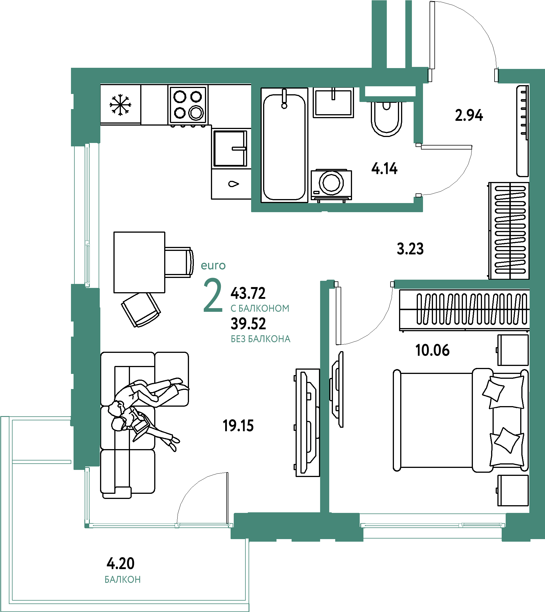 ЖК "Страна.Прибрежная"-2-комнатная 43.72 м²