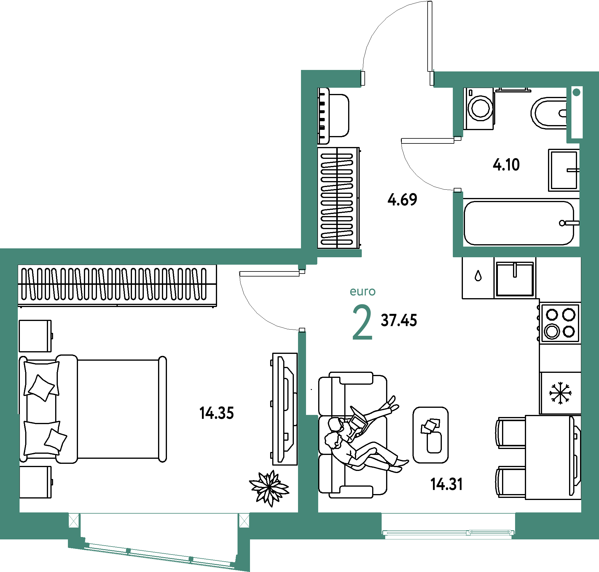 ЖК "Страна.Парковая"-2-комнатная 37.45 м²
