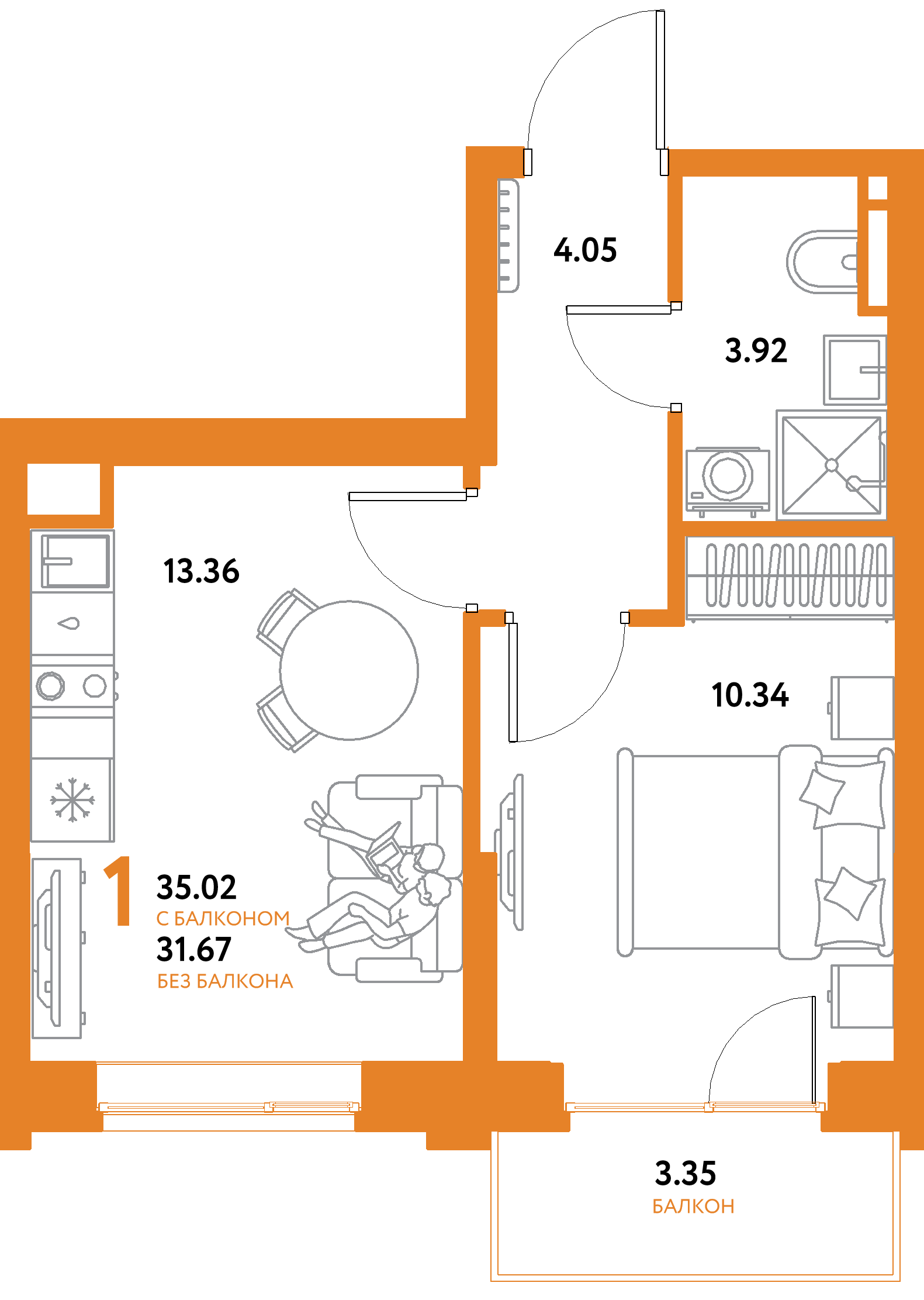 ЖК "Остров-сад"-1-комнатная 35.02 м²