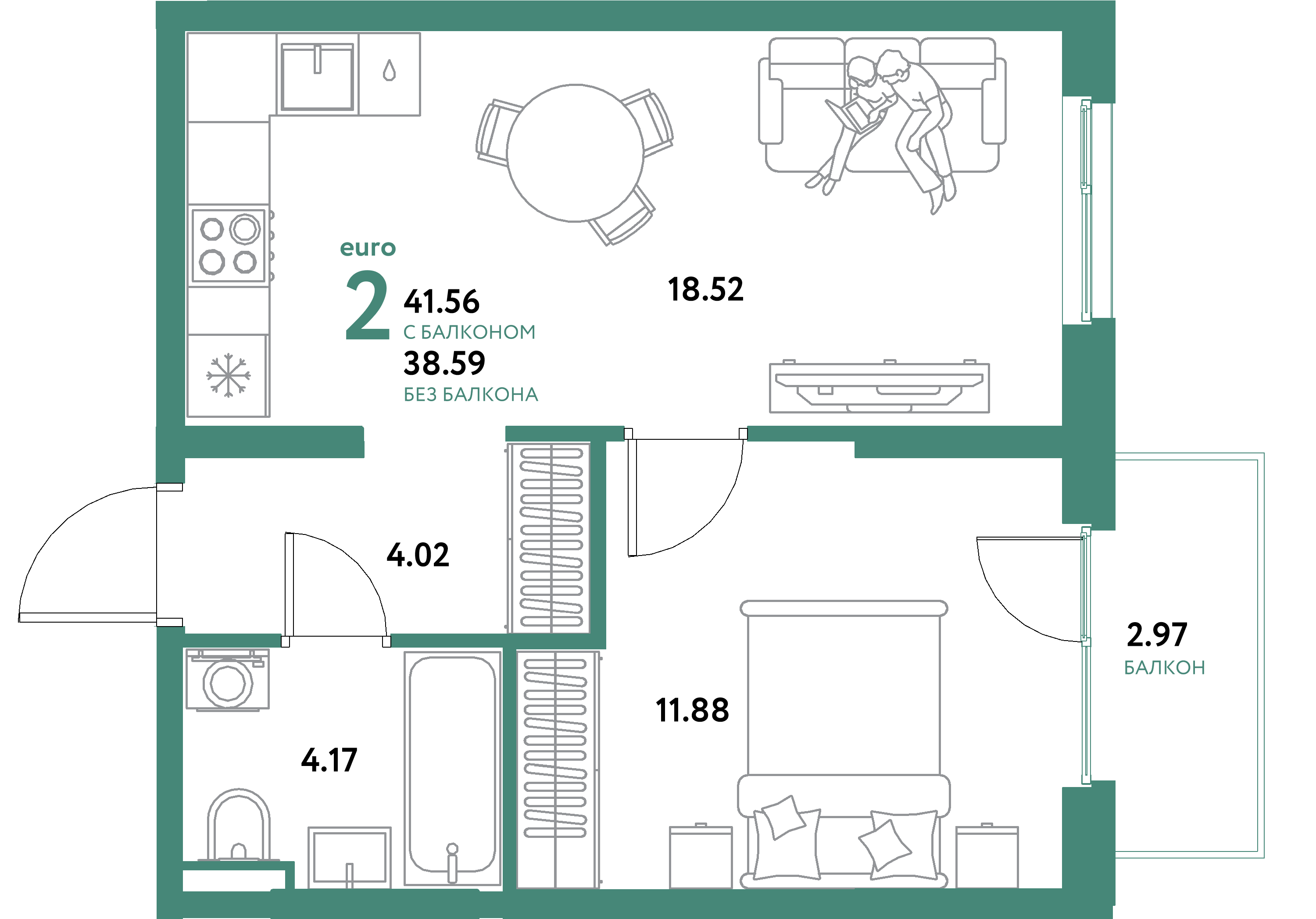 ЖК "Остров-сад"-2-комнатная 41.56 м²