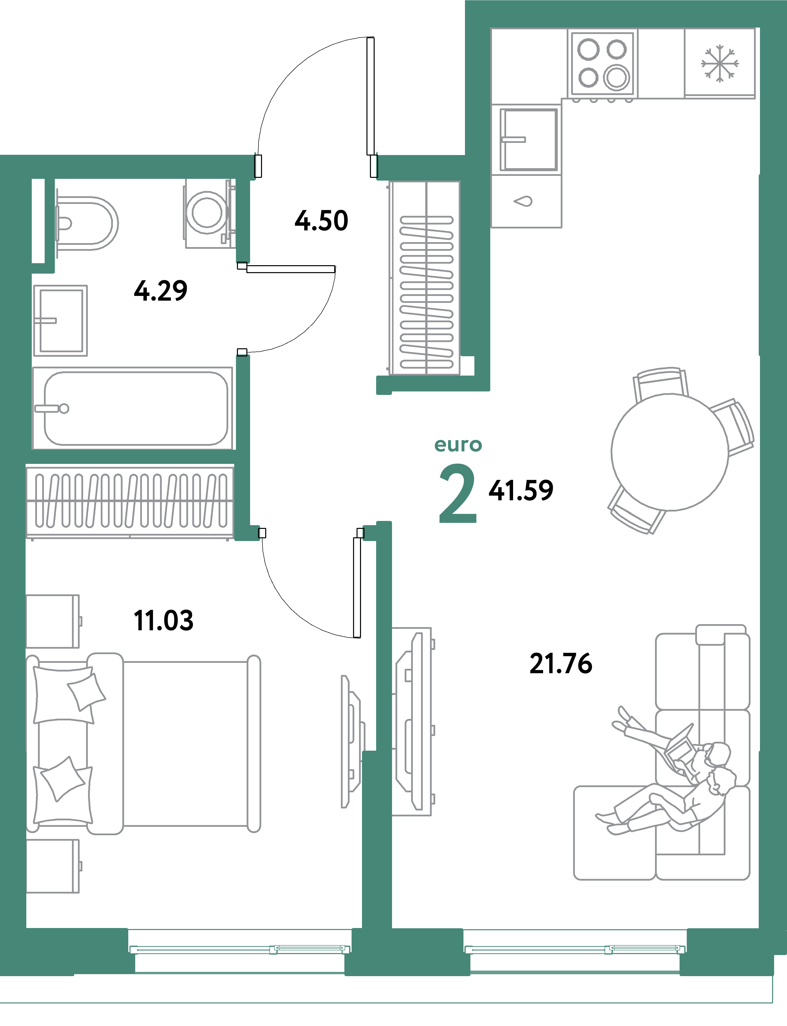 ЖК "Остров-сад"-2-комнатная 41.59 м²
