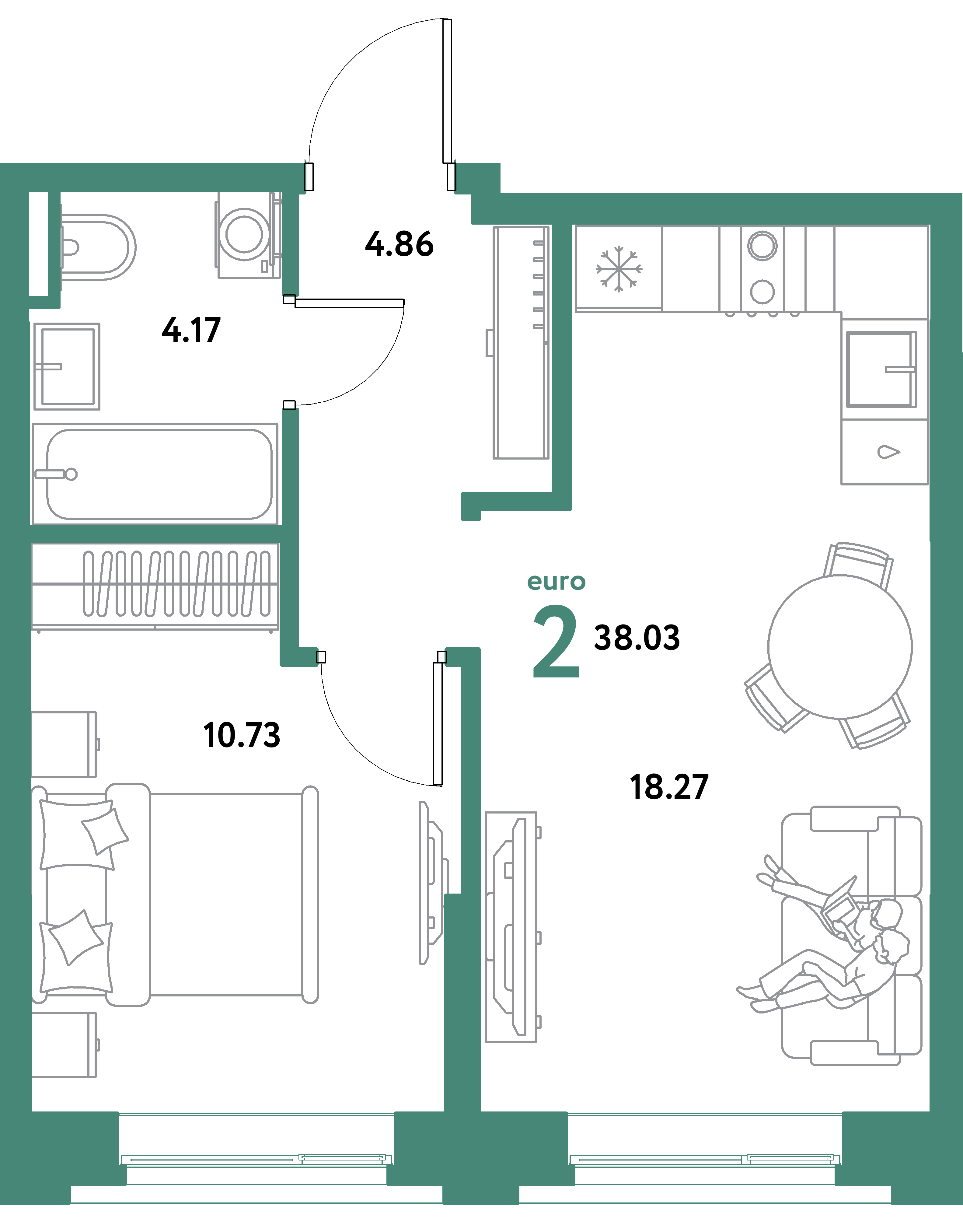 ЖК "Остров-сад"-2-комнатная 38.03 м²