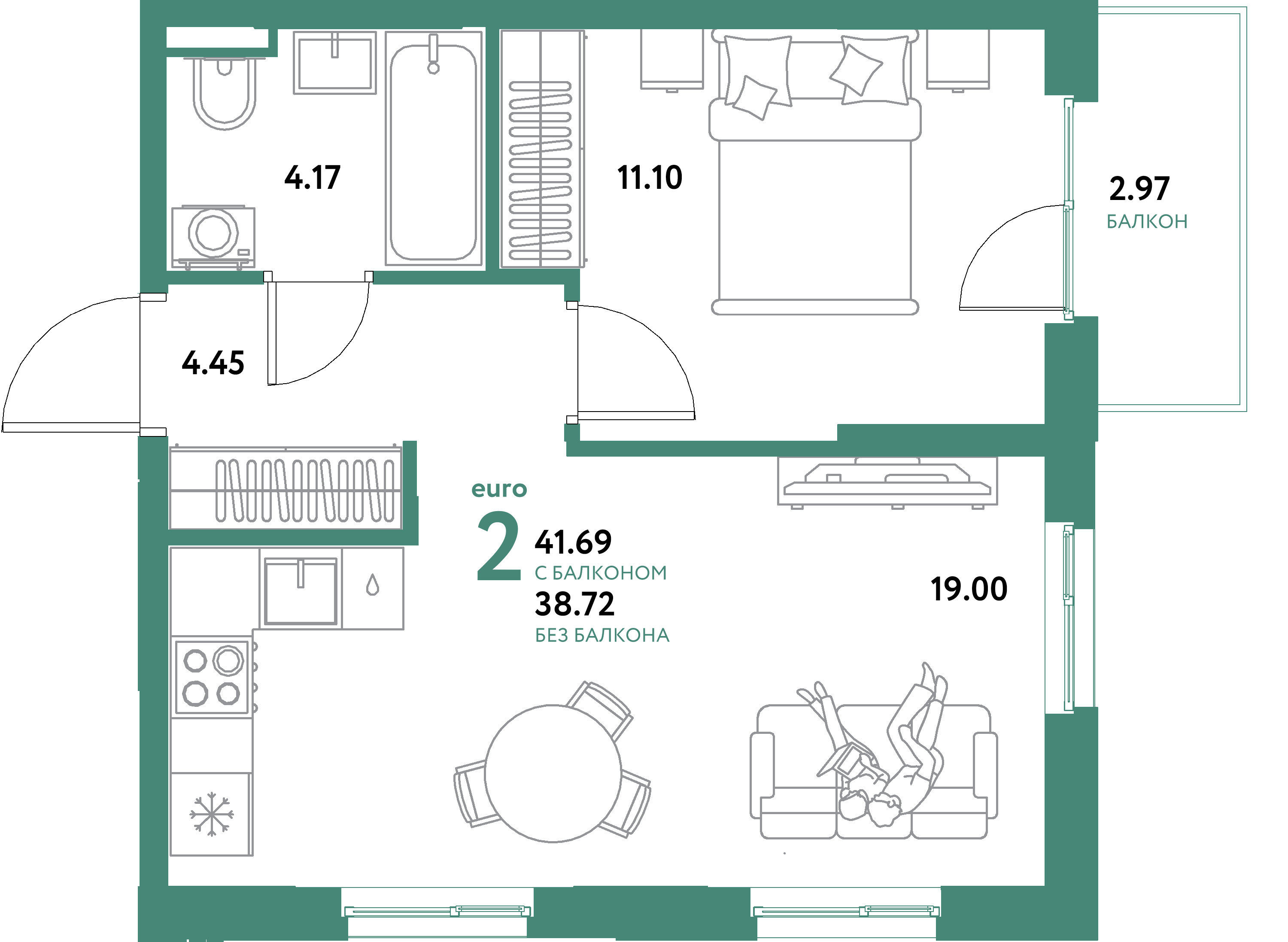 ЖК "Остров-сад"-2-комнатная 41.69 м²