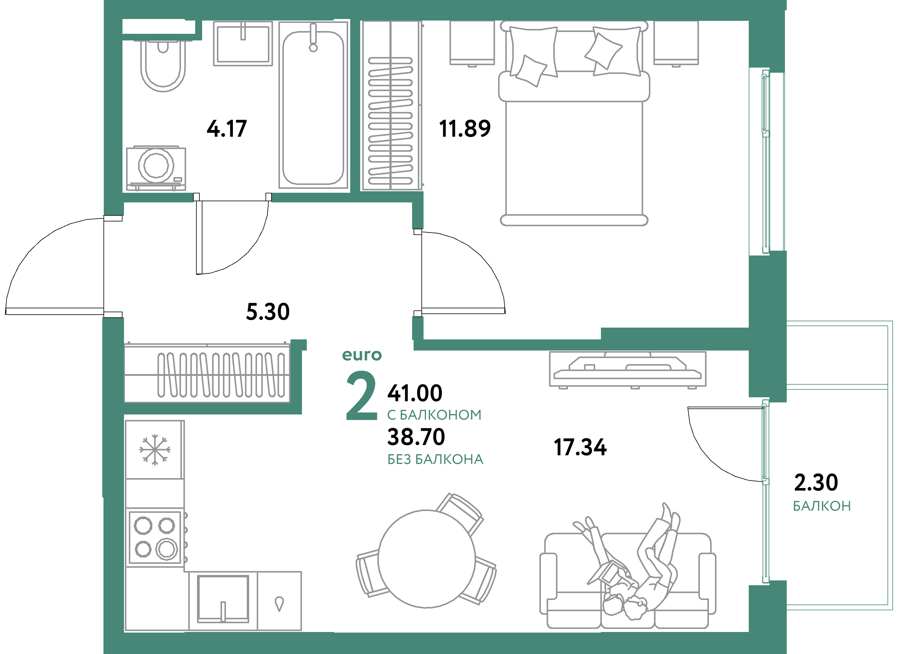 ЖК "Остров-сад"-2-комнатная 41 м²