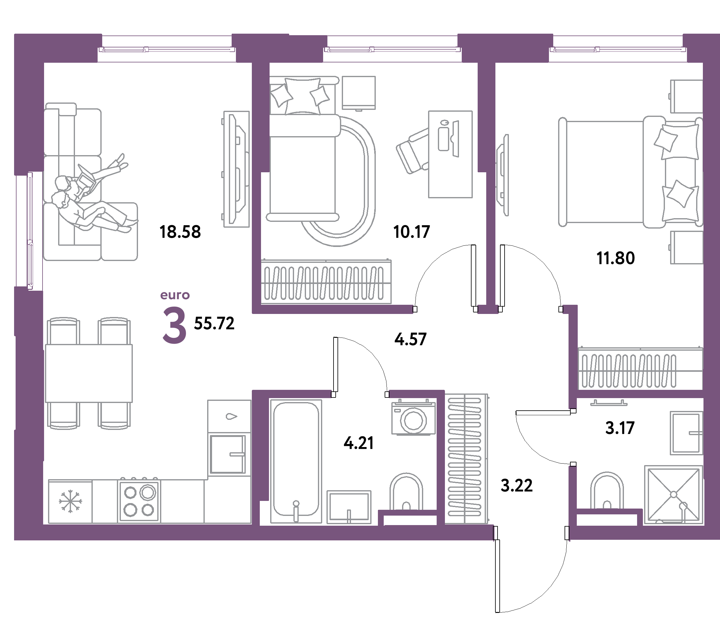 ЖК "Остров-сад"-3-комнатная 55.72 м²