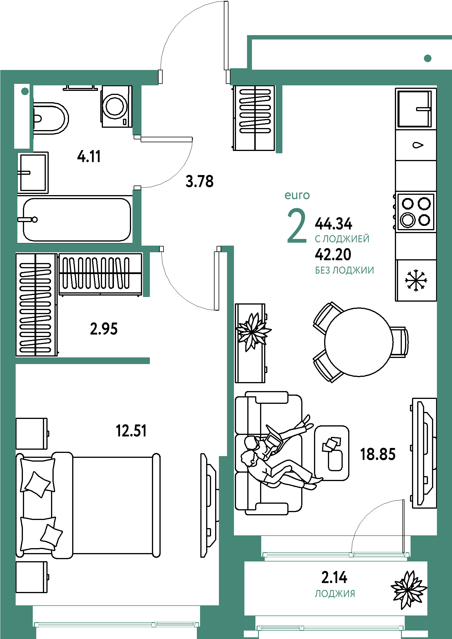 ЖК "Страна.Парковая"-2-комнатная 44.34 м²