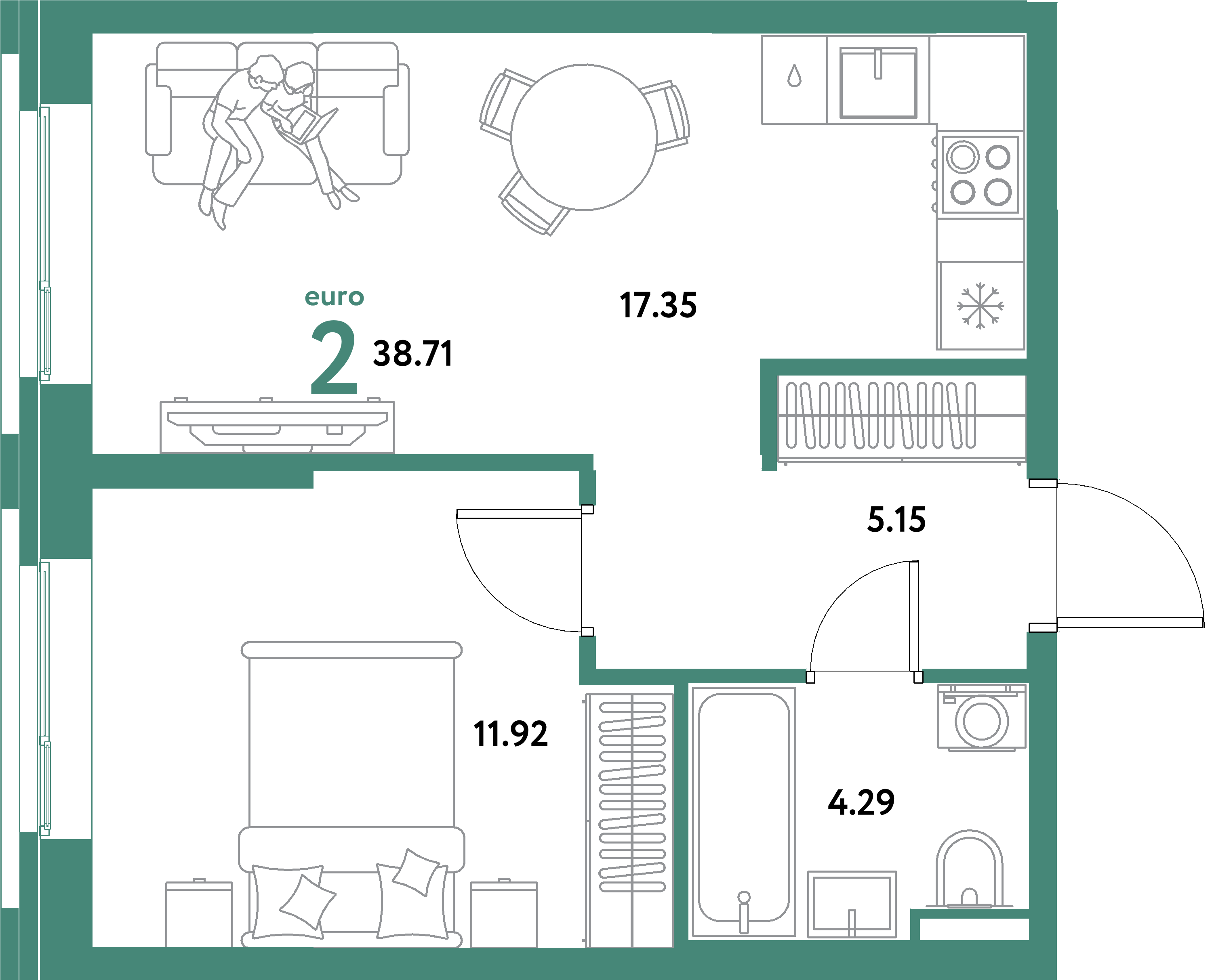 ЖК "Остров-сад"-2-комнатная 38.71 м²