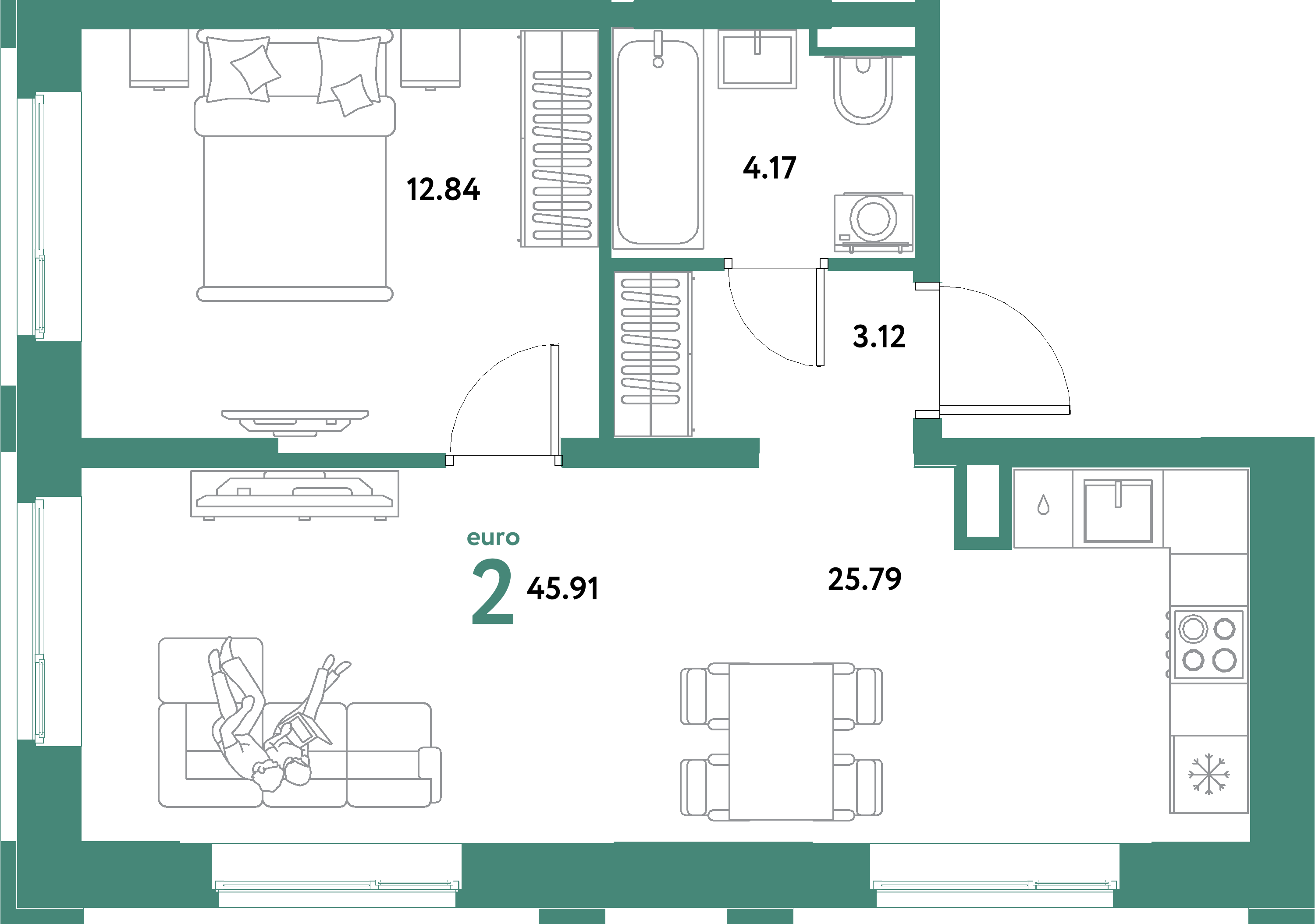 ЖК "Остров-сад"-2-комнатная 45.91 м²
