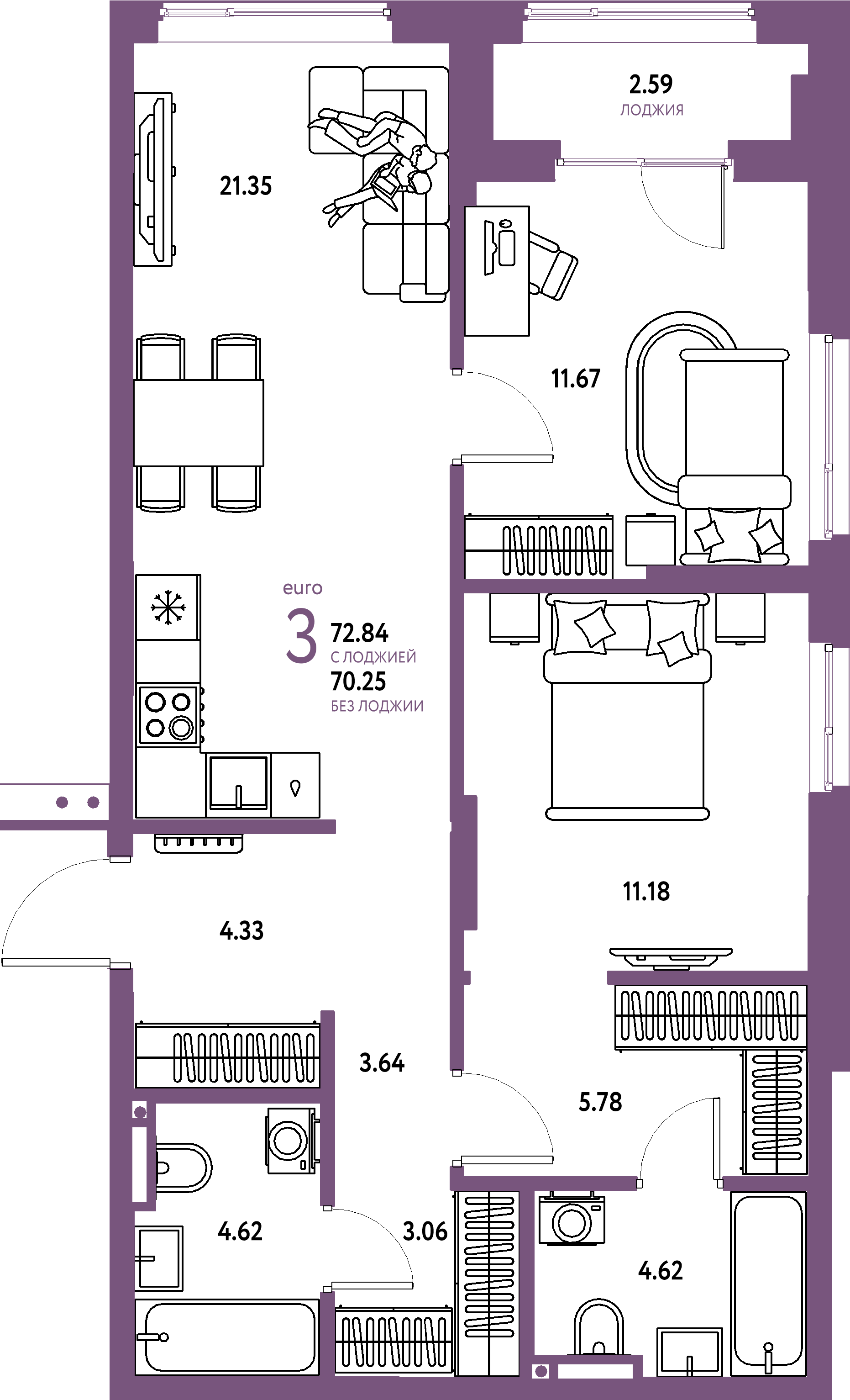 ЖК "Страна.Прибрежная"-3-комнатная 72.84 м²