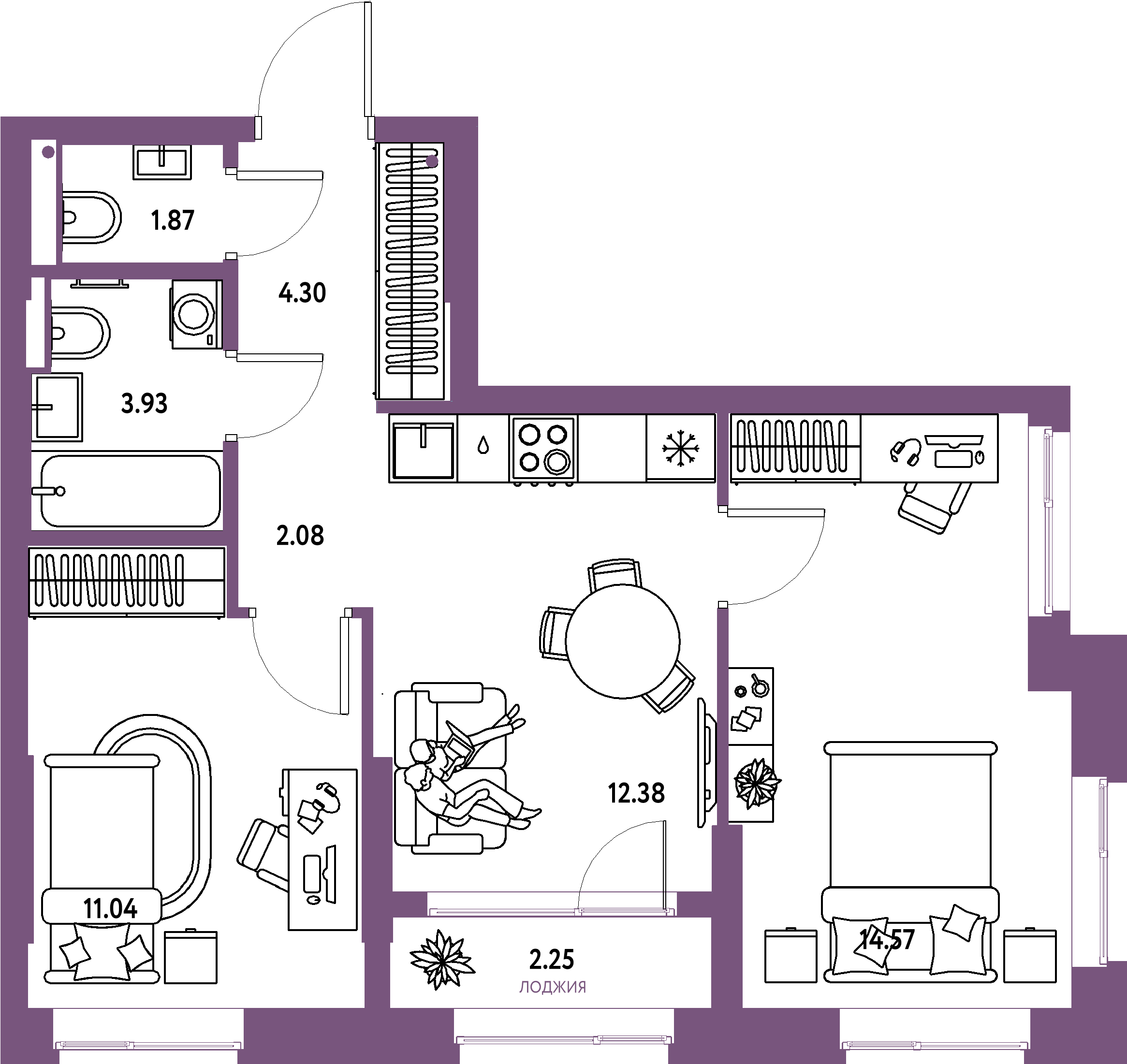 ЖК "Страна.Парковая"-3-комнатная 52.42 м²
