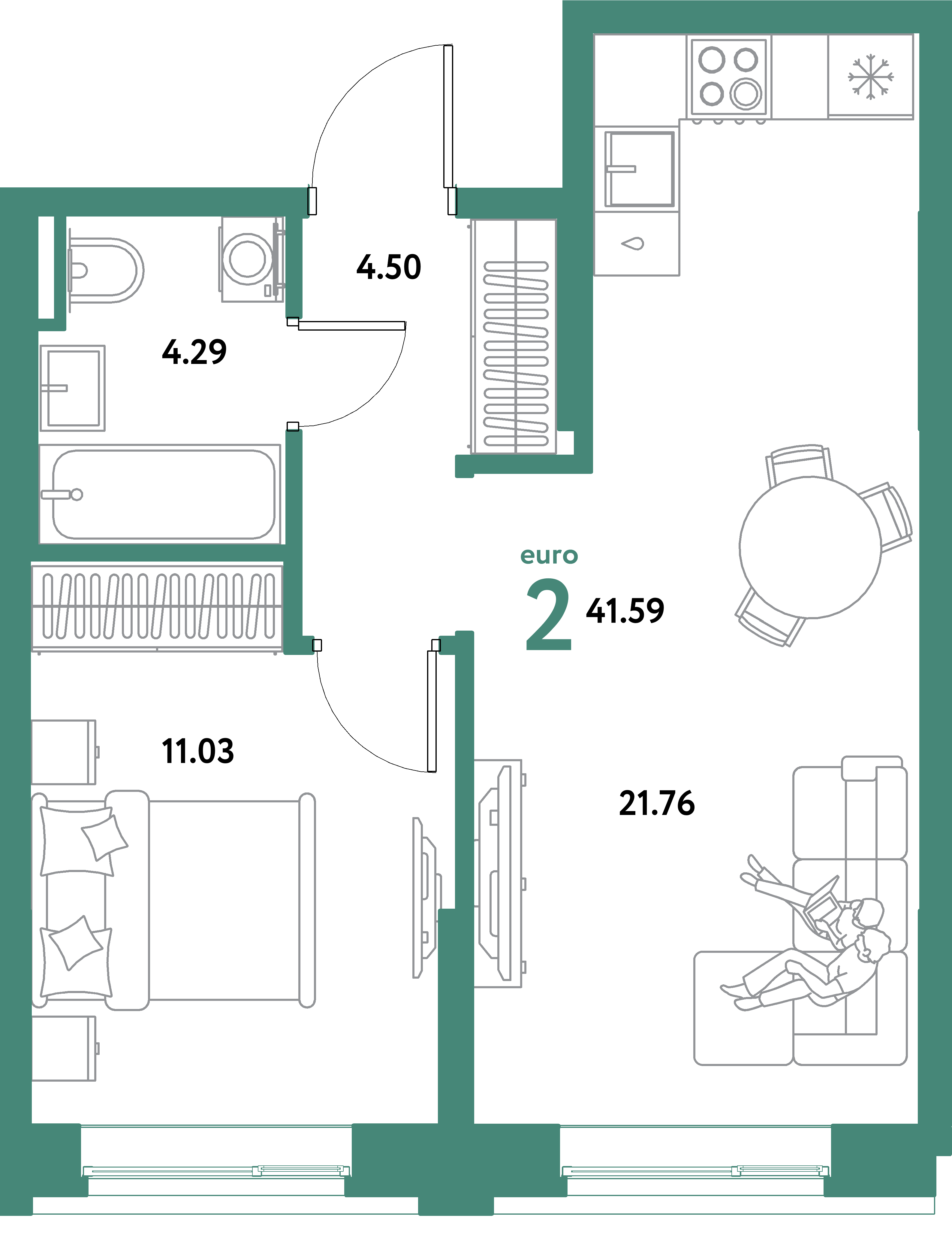 ЖК "Остров-сад"-2-комнатная 41.59 м²