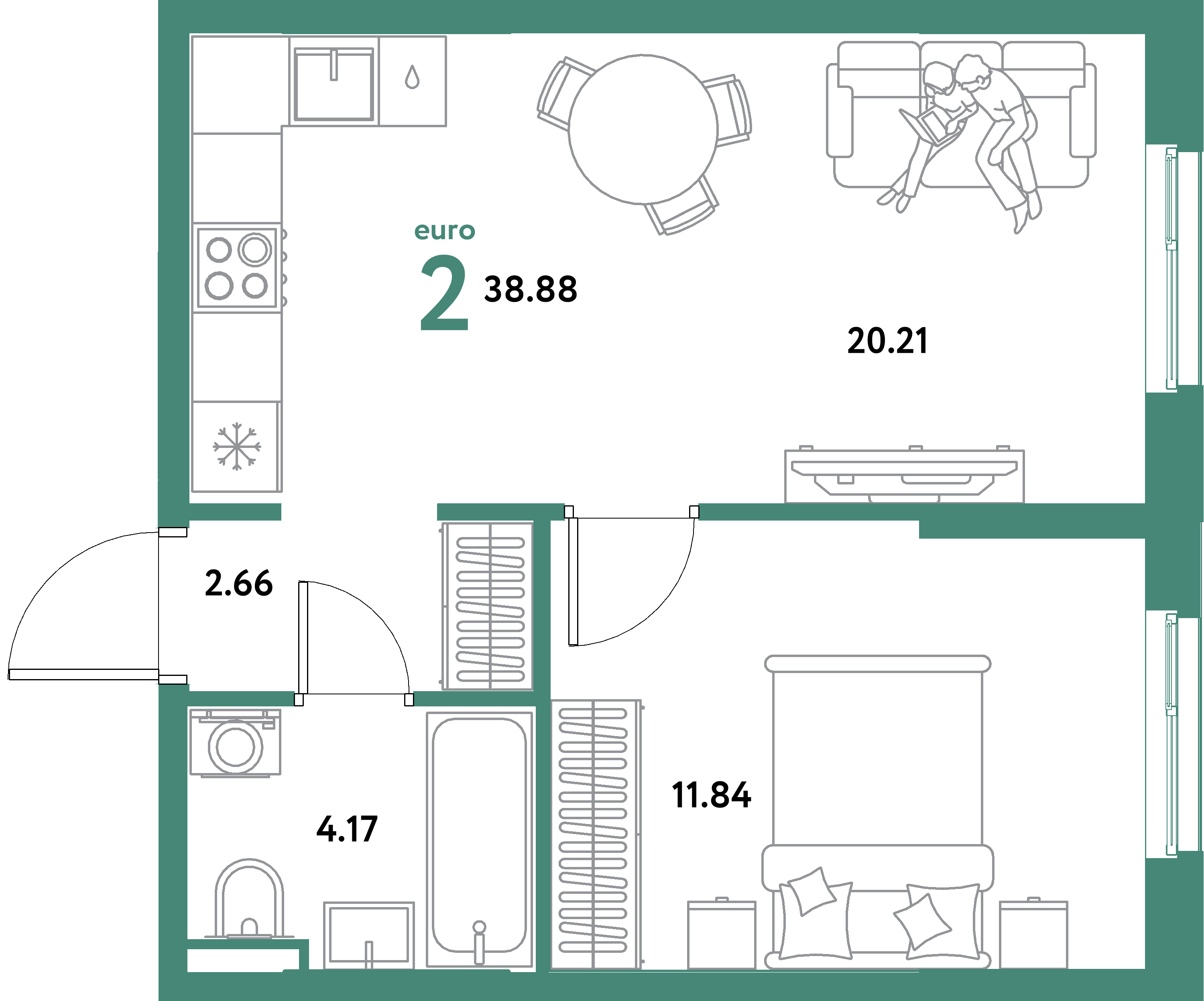 ЖК "Остров-сад"-2-комнатная 38.88 м²