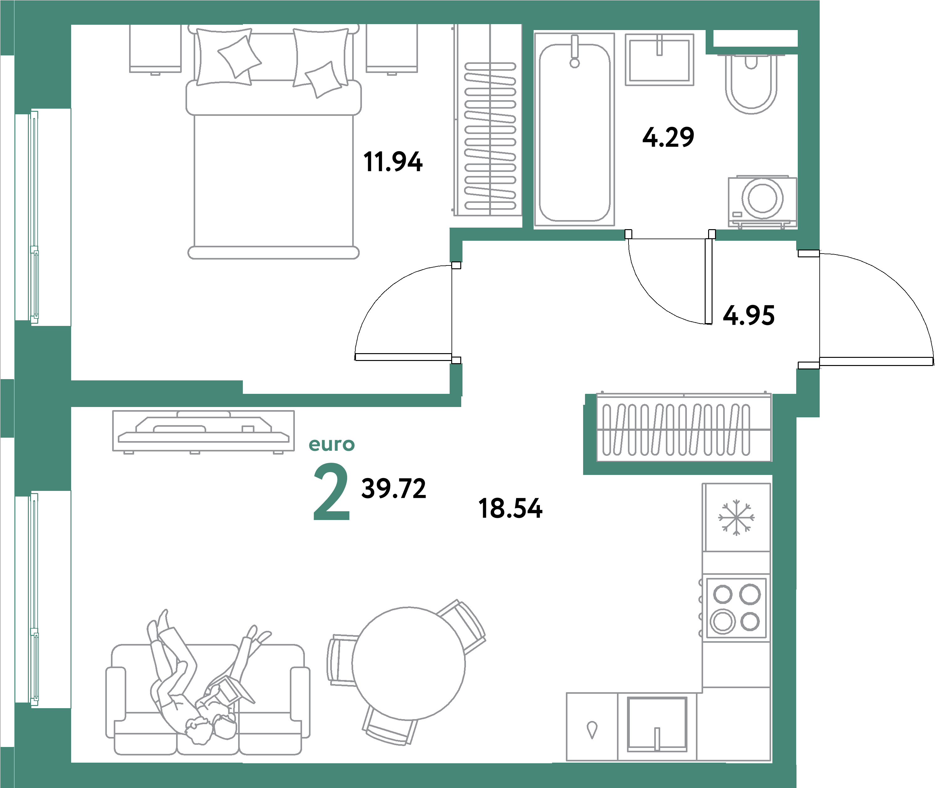 ЖК "Остров-сад"-2-комнатная 39.72 м²