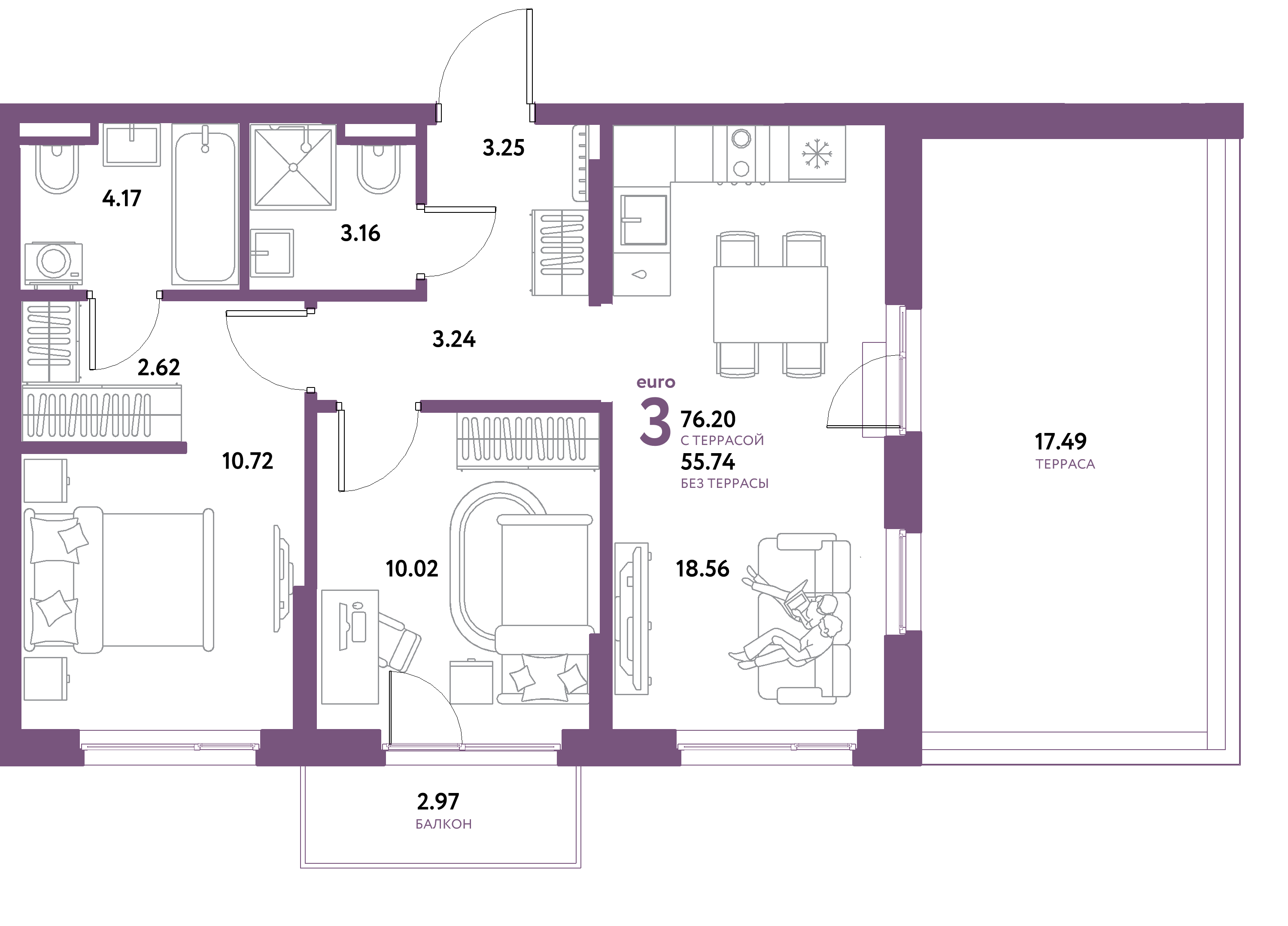 ЖК "Остров-сад"-3-комнатная 76.2 м²