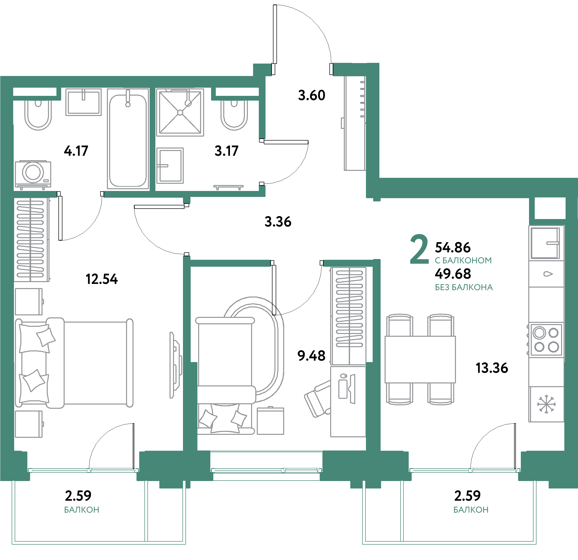 ЖК "Остров-сад"-2-комнатная 54.86 м²