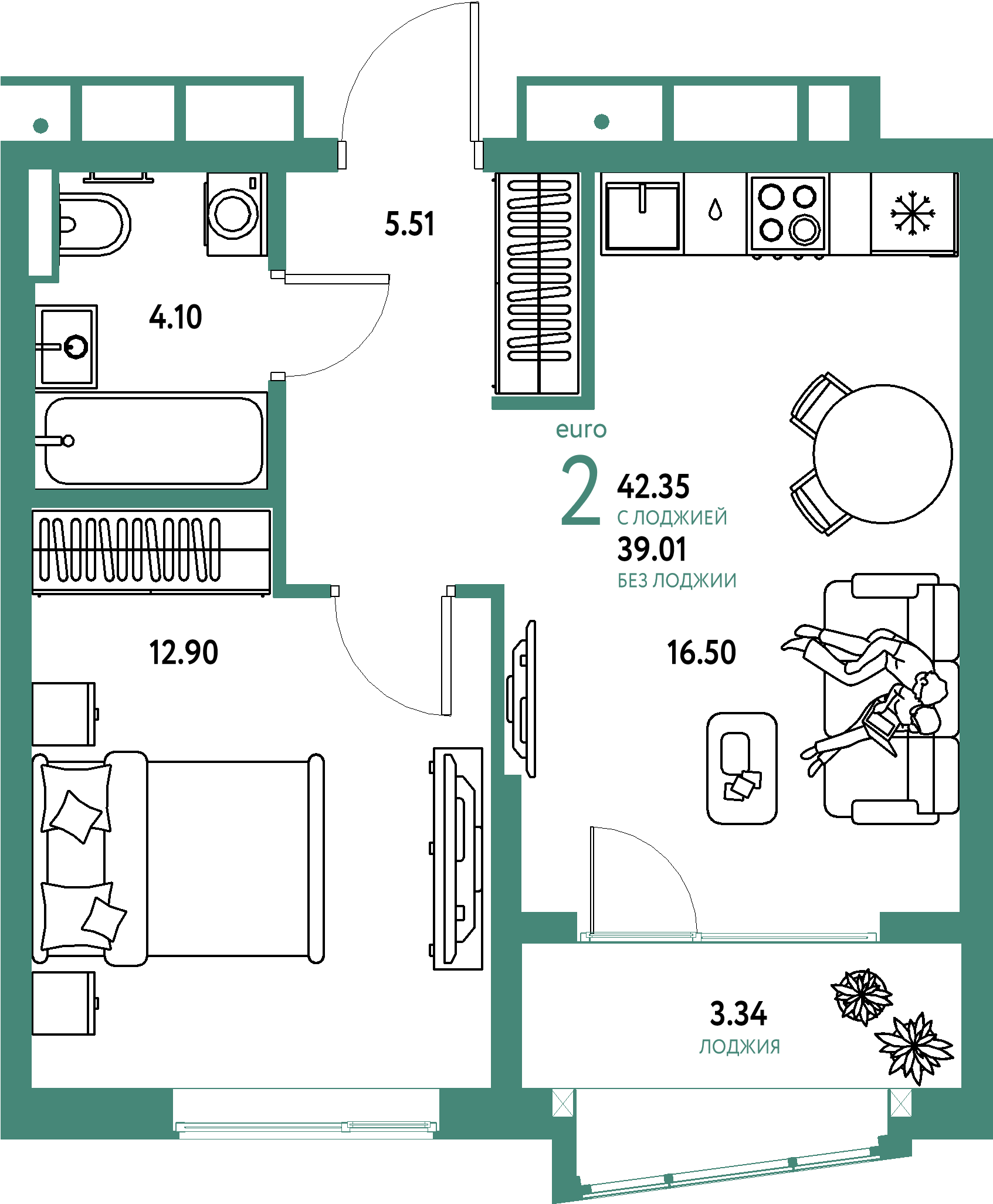 ЖК "Страна.Парковая"-2-комнатная 42.35 м²