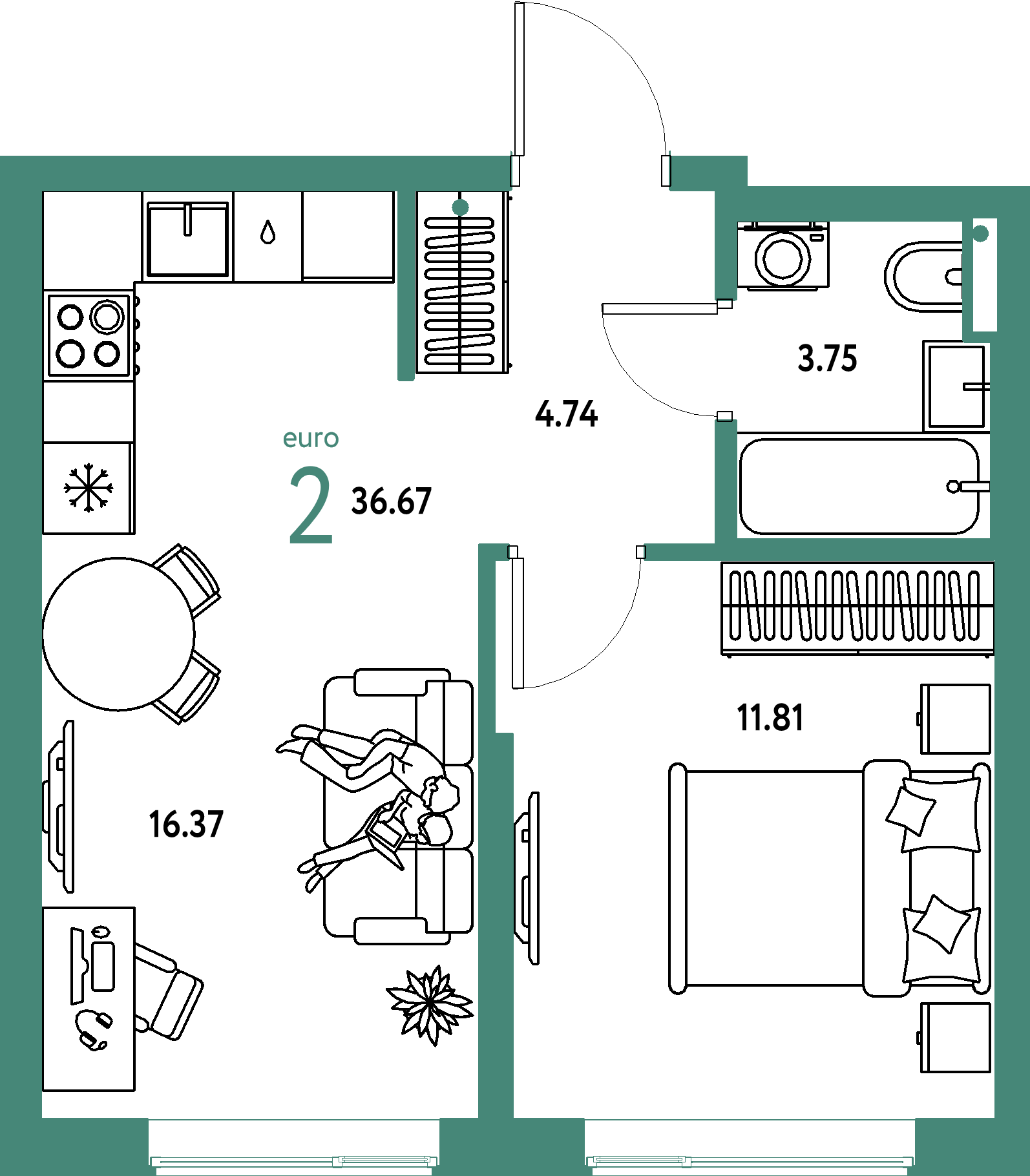 ЖК "Страна.Парковая"-2-комнатная 36.67 м²