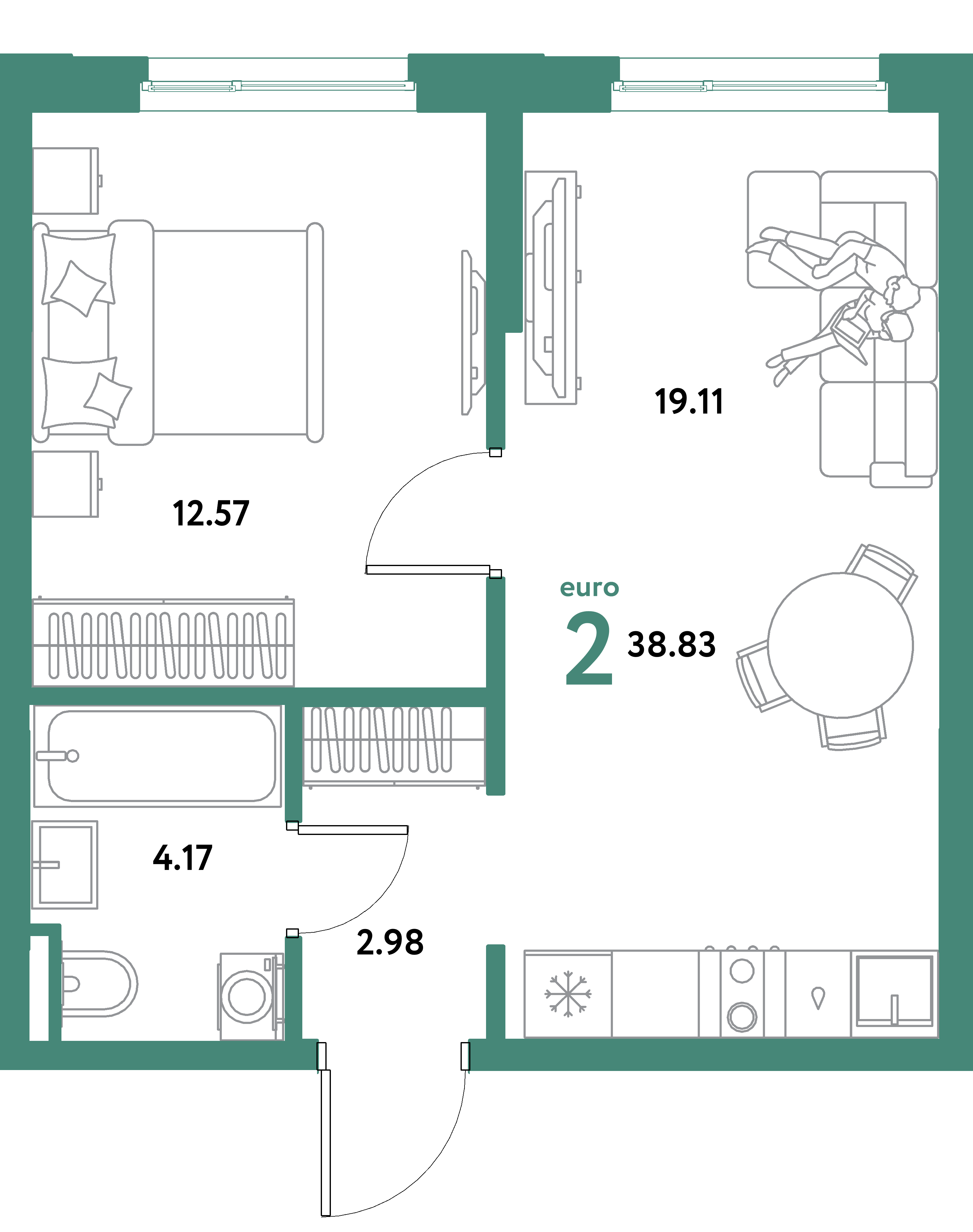 ЖК "Остров-сад"-2-комнатная 38.83 м²