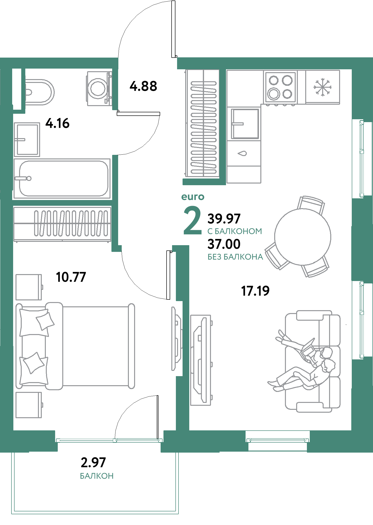 ЖК "Остров-сад"-2-комнатная 39.97 м²