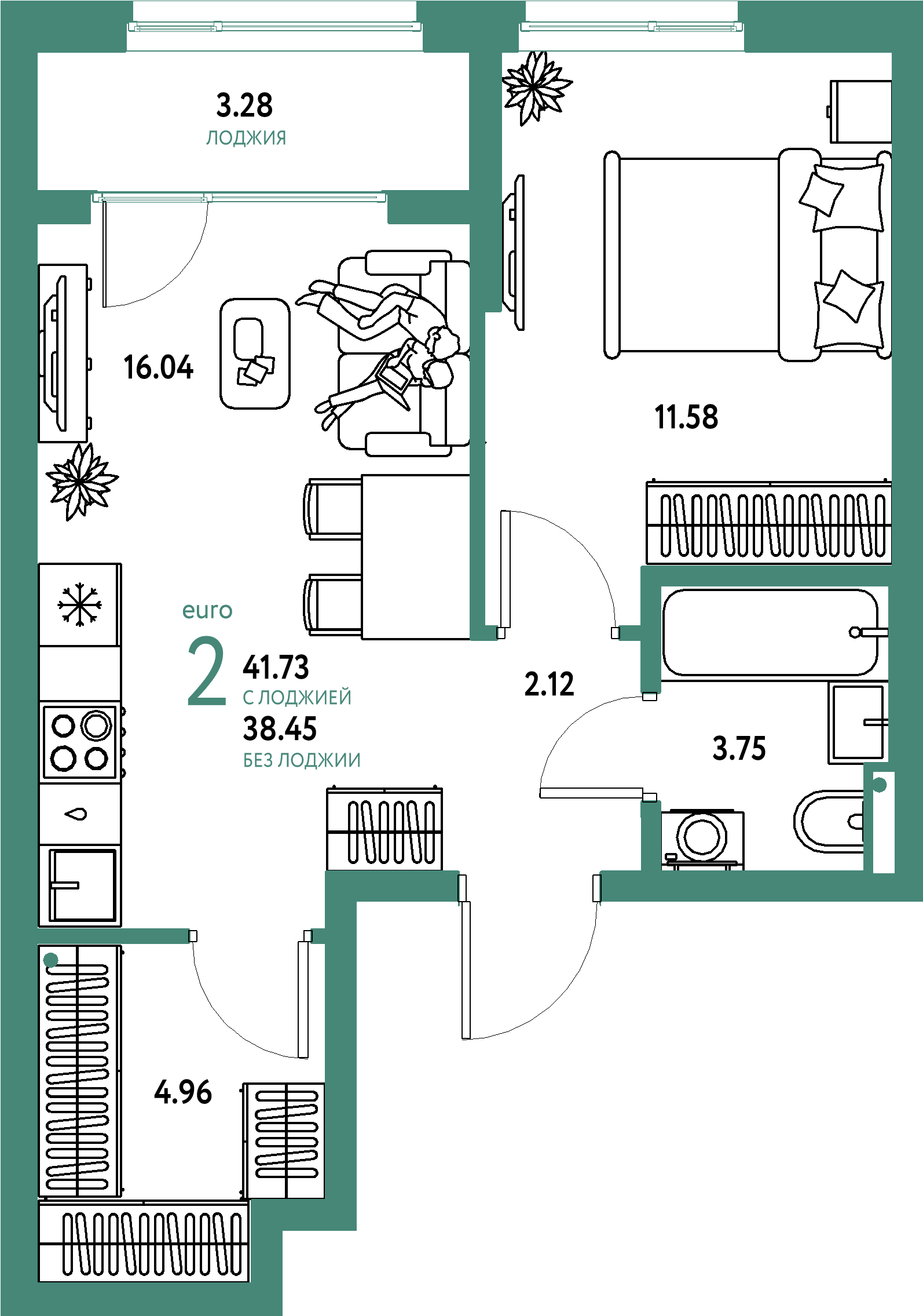 ЖК "Страна.Парковая"-2-комнатная 41.73 м²