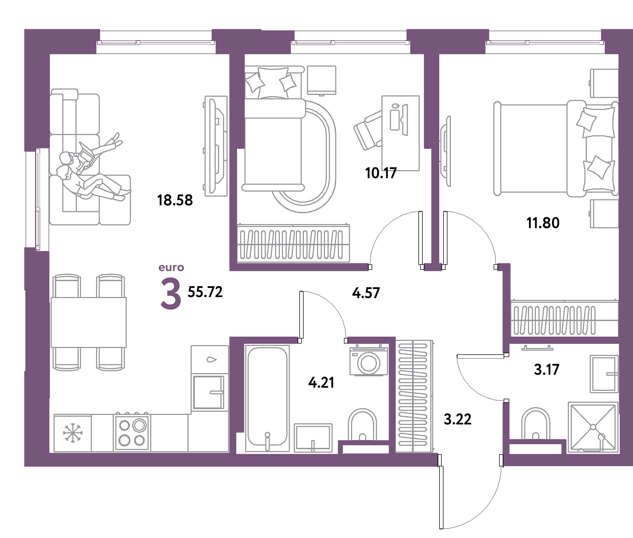 ЖК "Остров-сад"-3-комнатная 55.72 м²