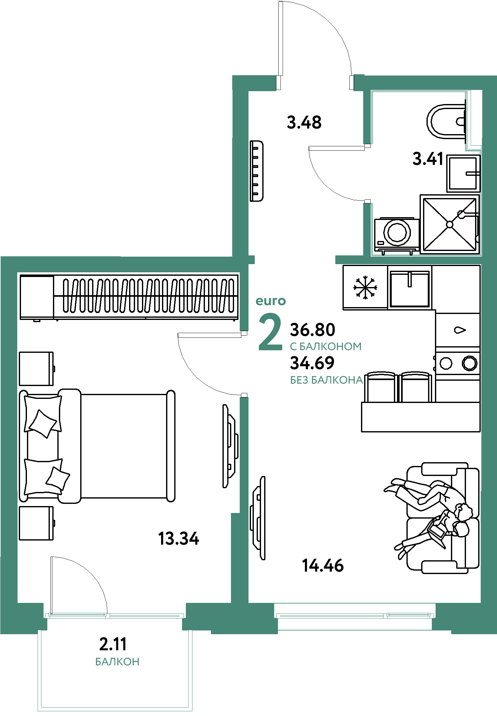 Планировка: Евродвушка 36.8 м² в ЖК Домашний, Плеханово