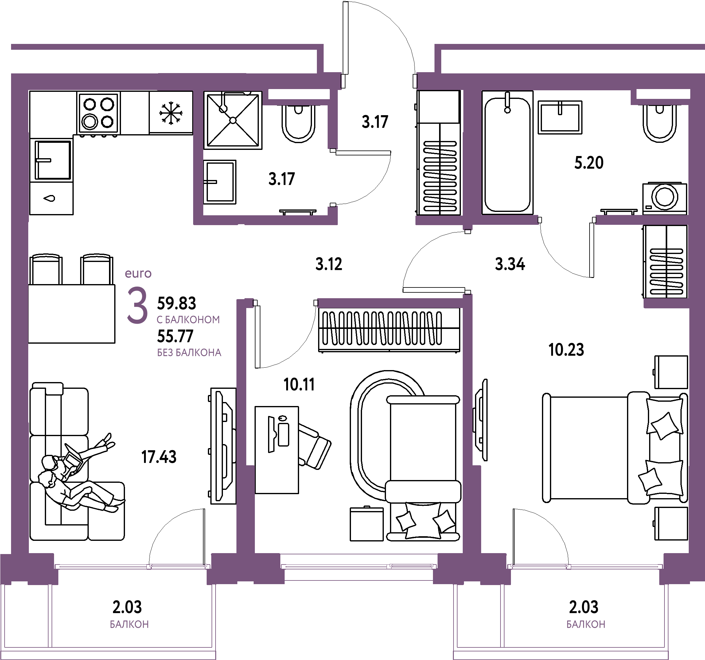 ЖК "Страна.Прибрежная"-3-комнатная 59.83 м²