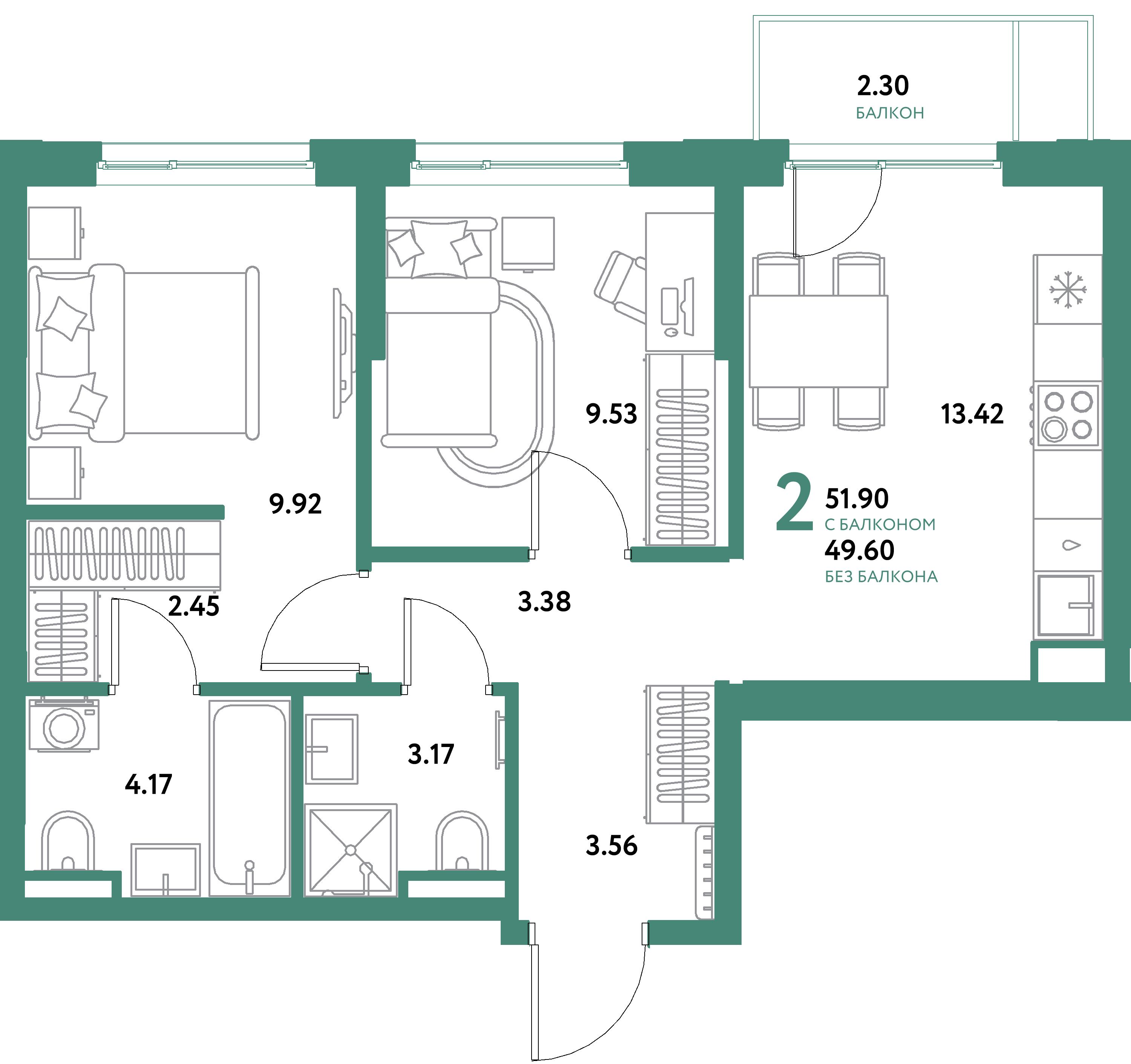 ЖК "Остров-сад"-2-комнатная 51.9 м²
