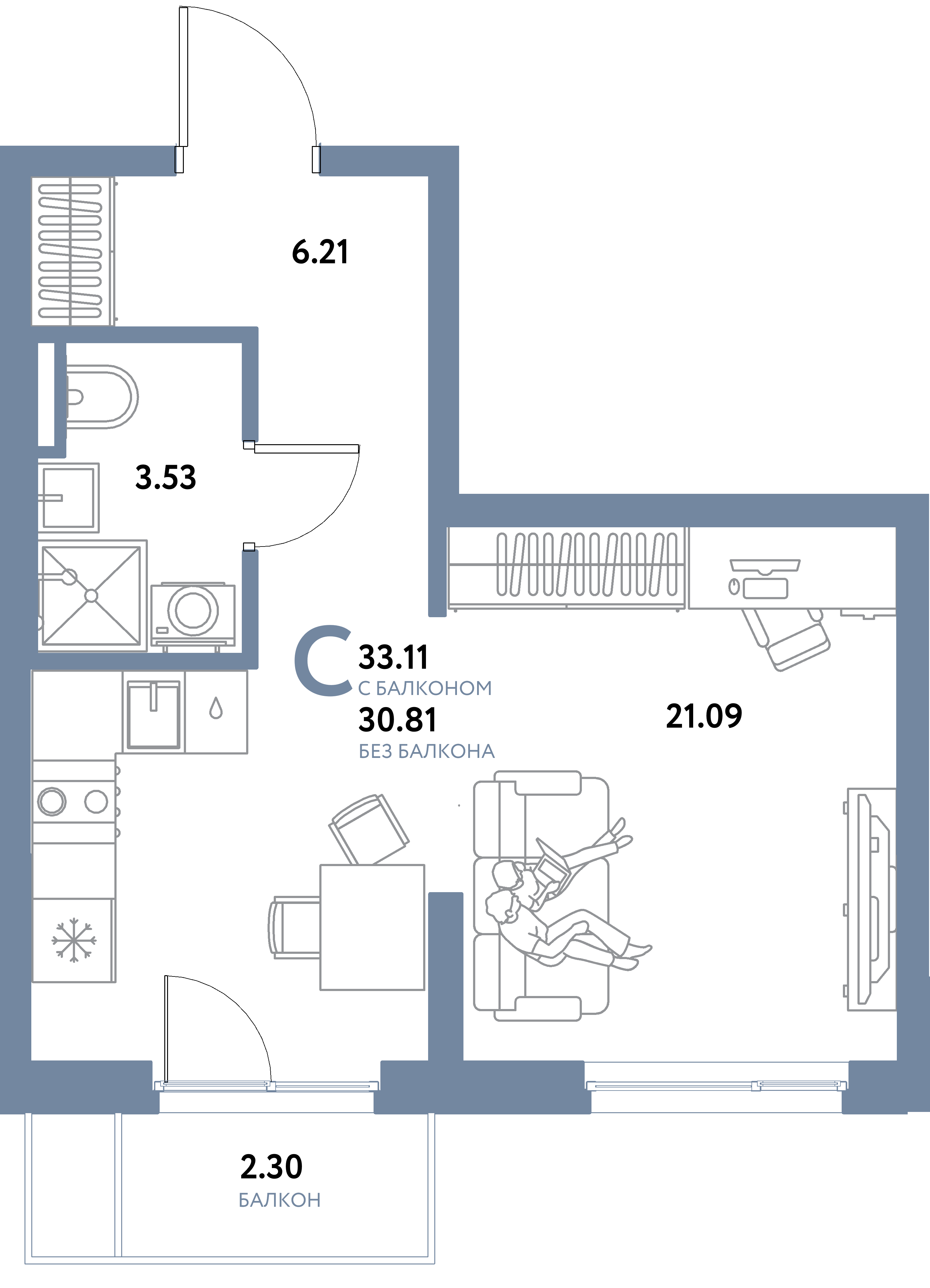 ЖК "Остров-сад"-Студия 33.11 м²