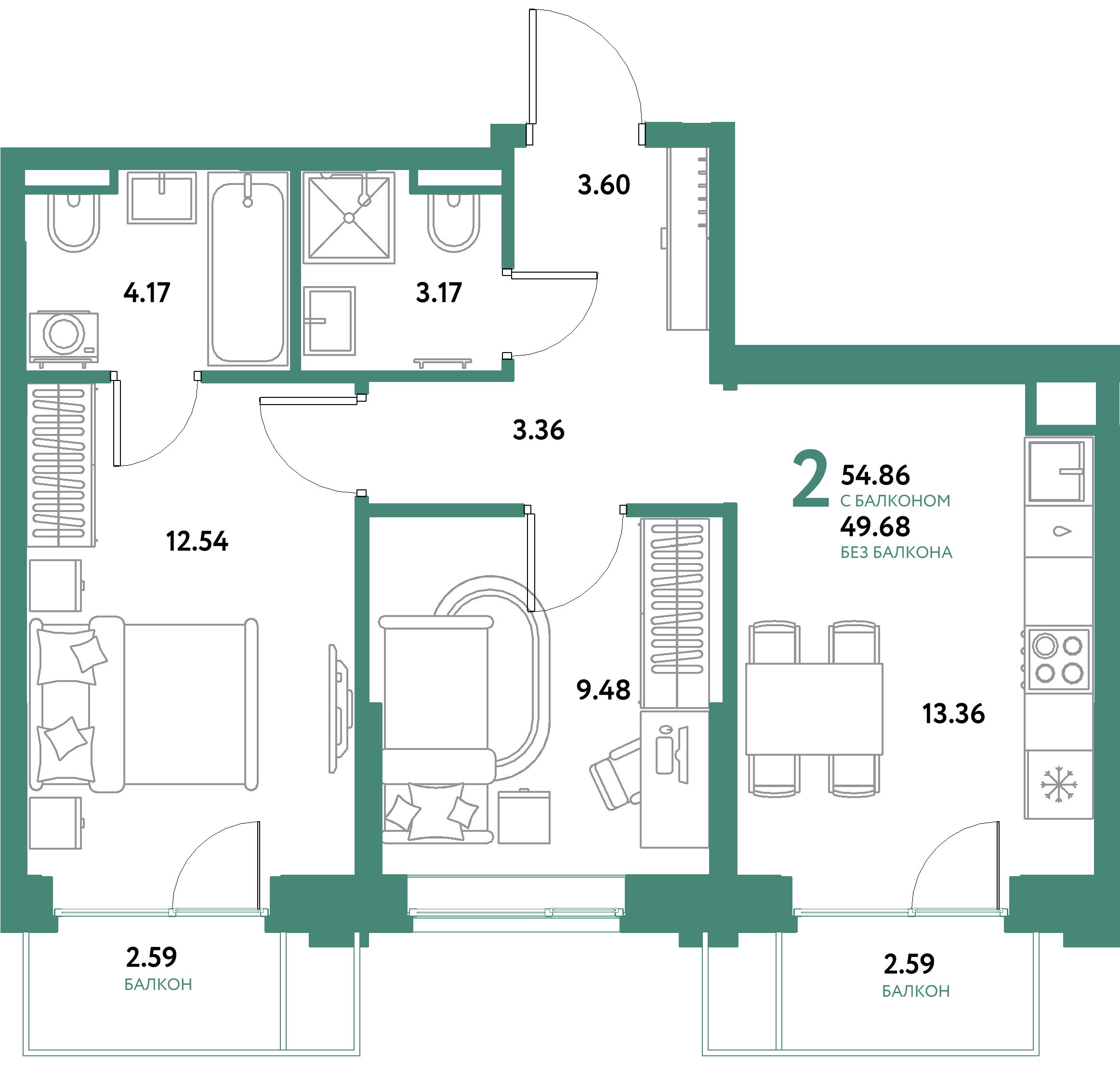 ЖК "Остров-сад"-2-комнатная 54.86 м²