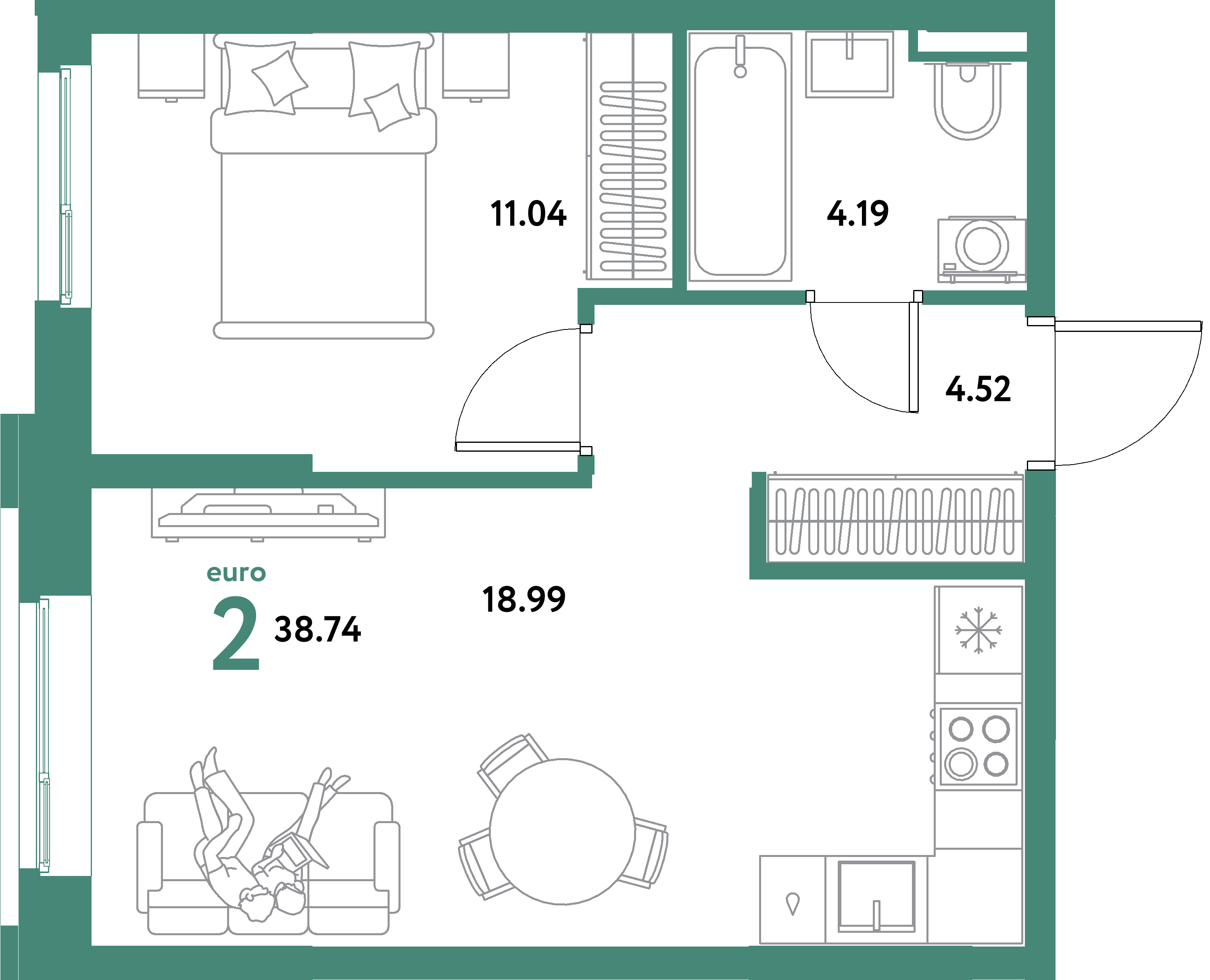 ЖК "Остров-сад"-2-комнатная 38.74 м²