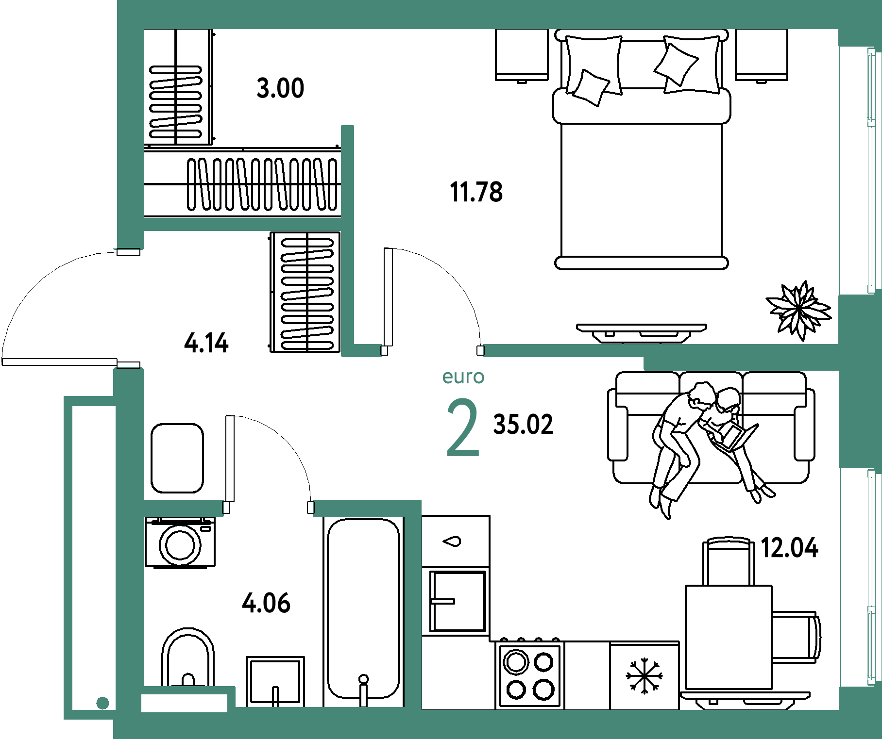 ЖК "Страна.Парковая"-2-комнатная 35.02 м²