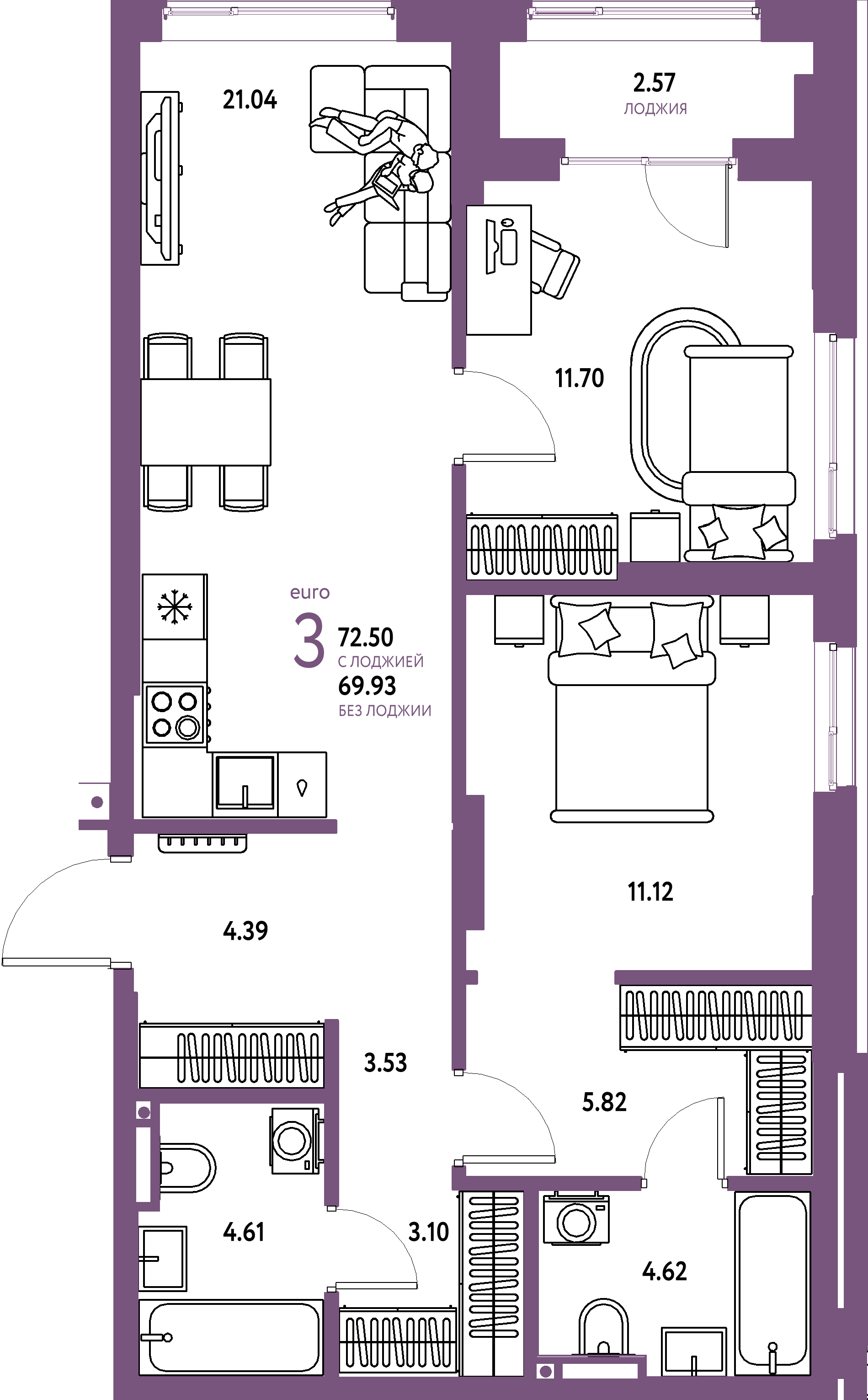 ЖК "Страна.Прибрежная"-3-комнатная 72.5 м²