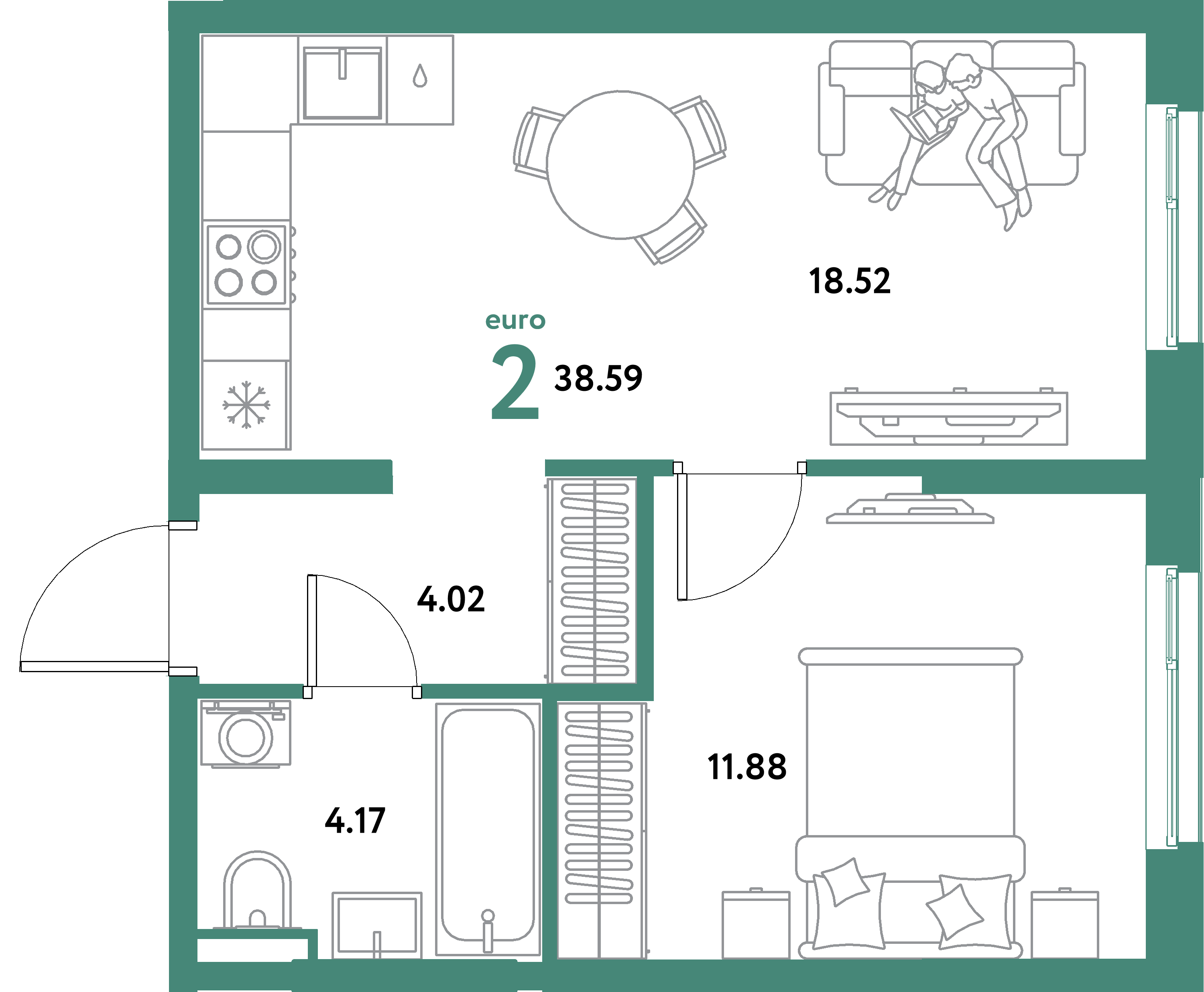 ЖК "Остров-сад"-2-комнатная 38.59 м²