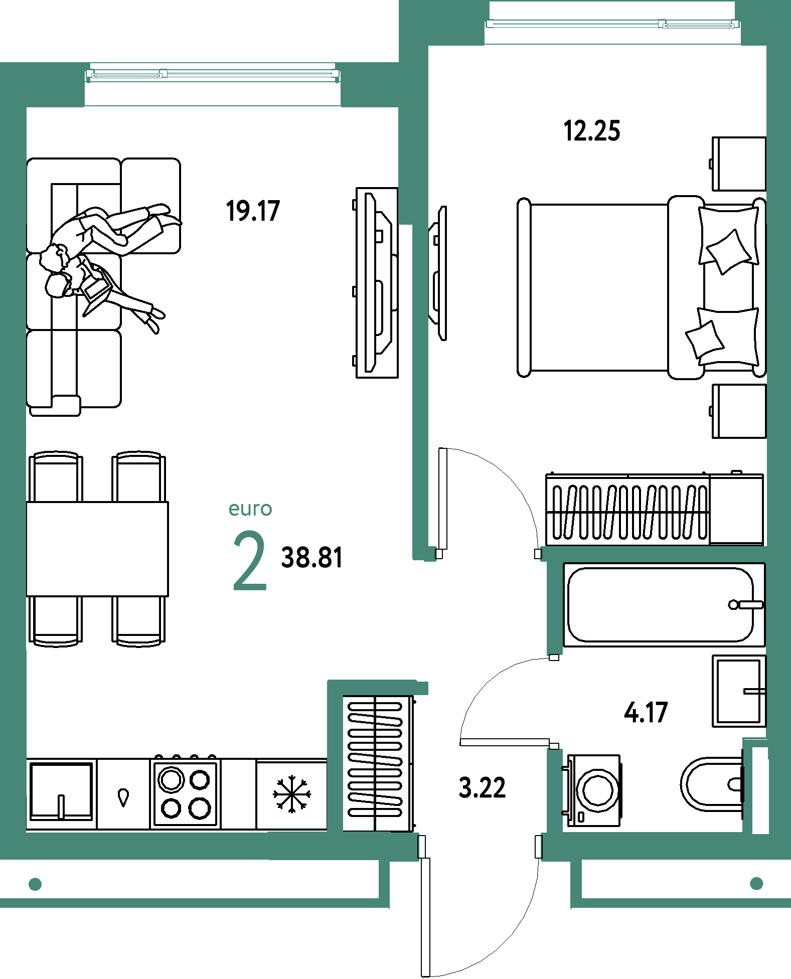 ЖК "Страна.Прибрежная"-2-комнатная 38.81 м²