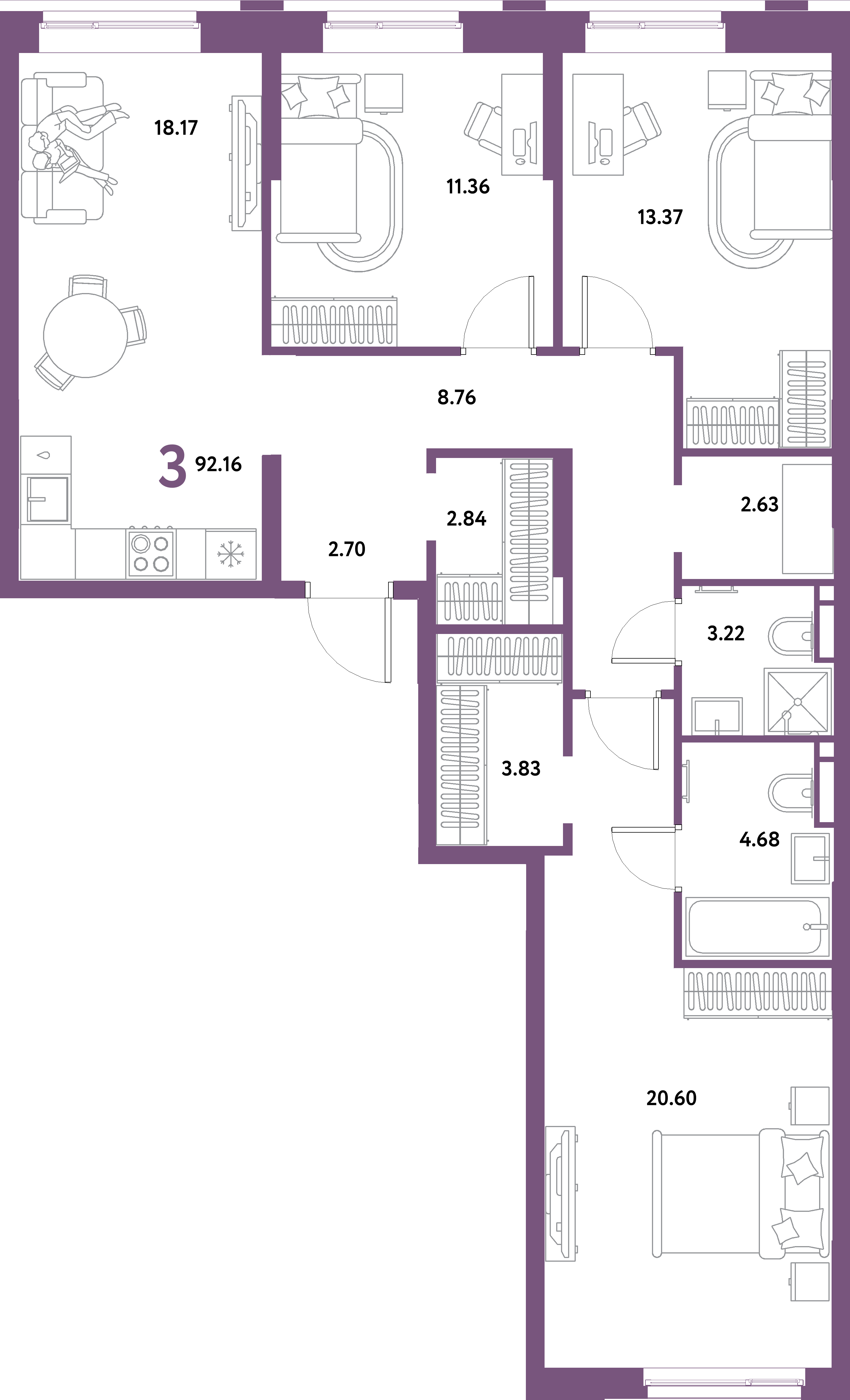 ЖК "Остров-сад"-3-комнатная 92.16 м²