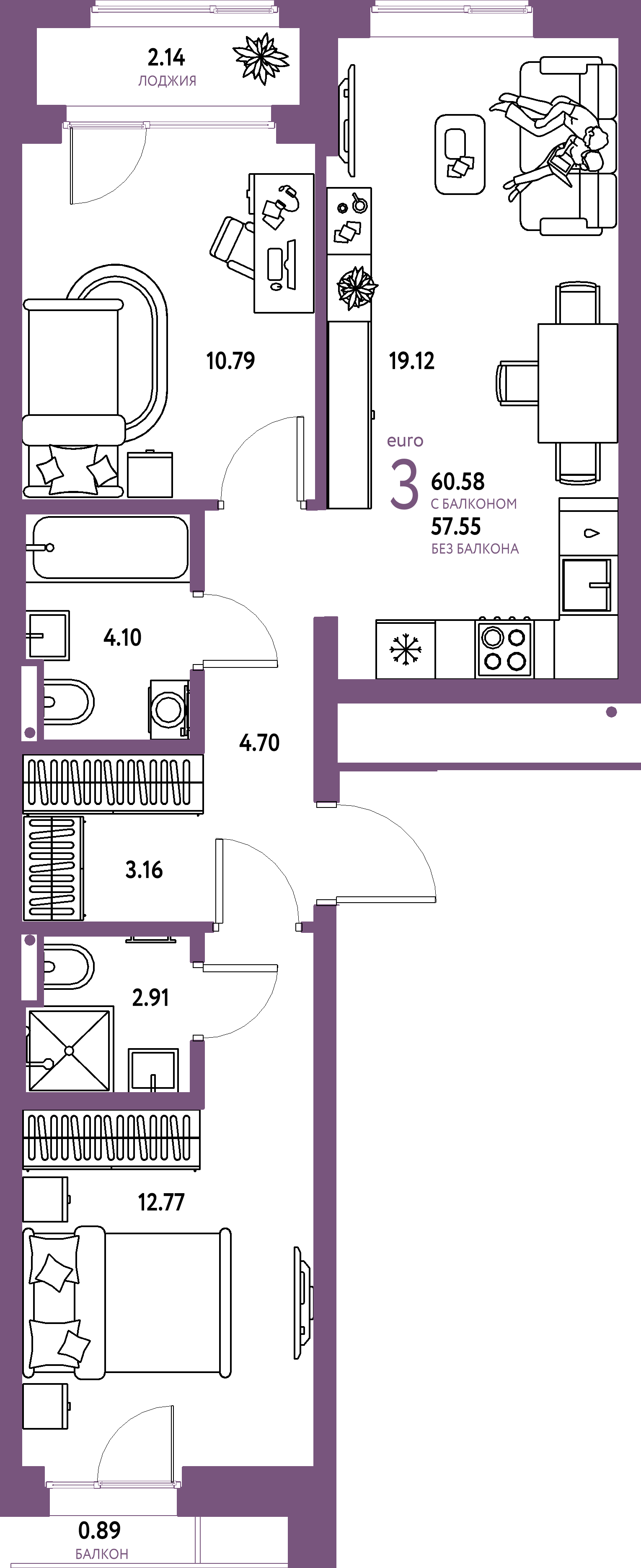 ЖК "Страна.Парковая"-3-комнатная 60.58 м²