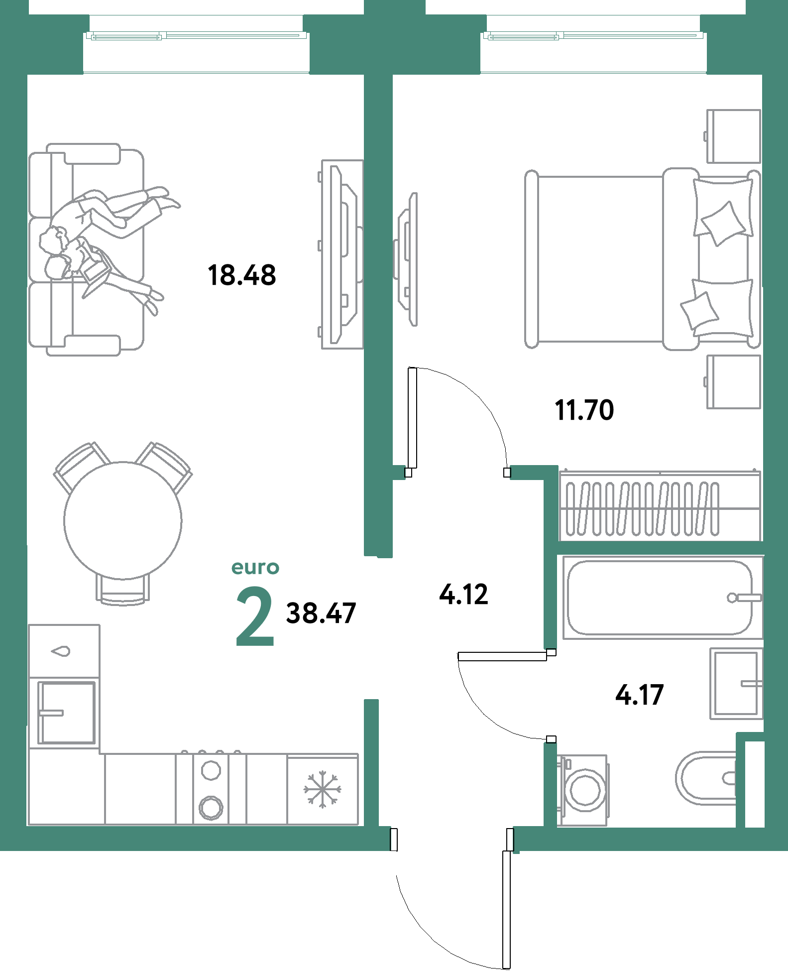 ЖК "Остров-сад"-2-комнатная 38.47 м²