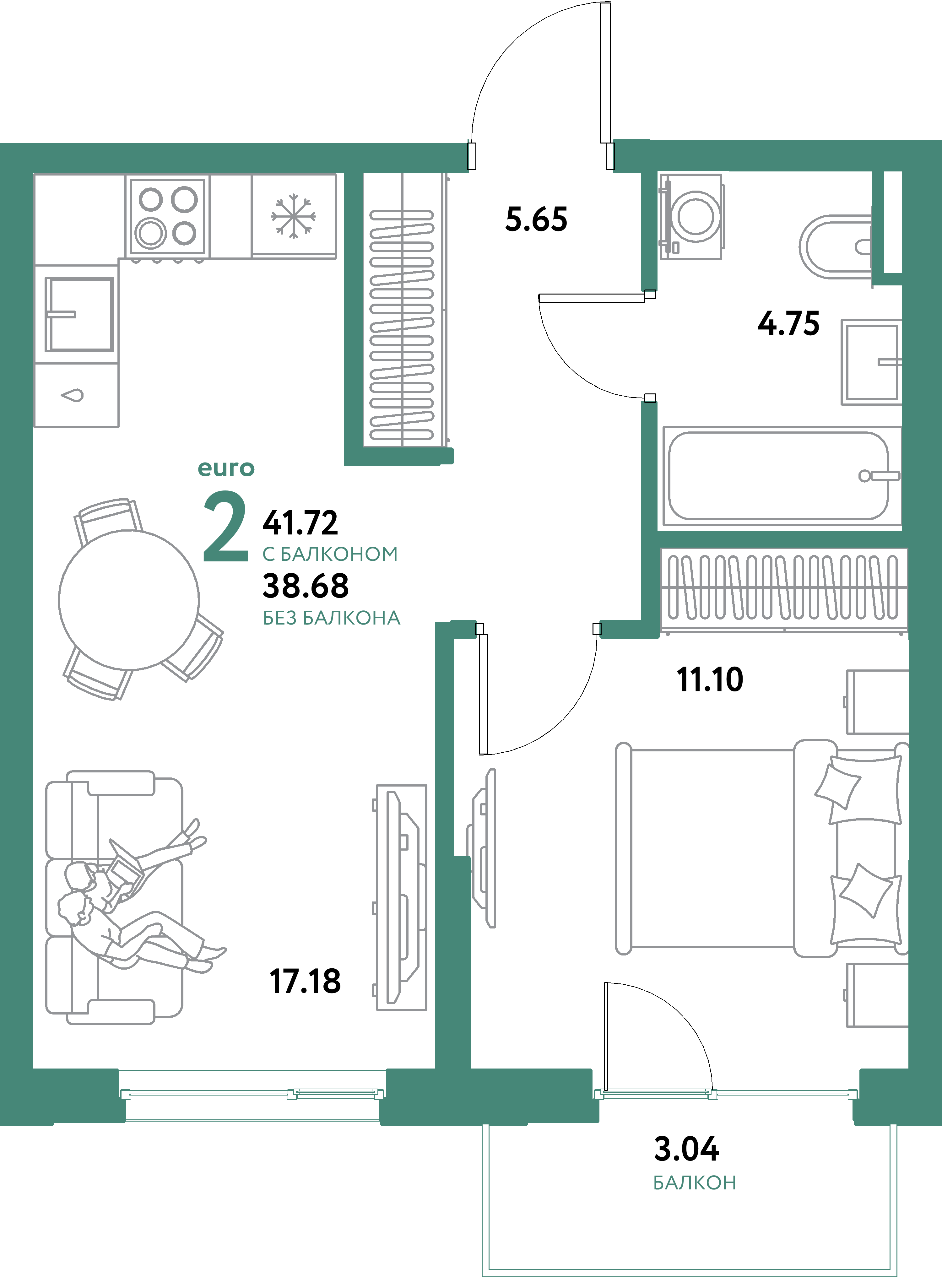 ЖК "Остров-сад"-2-комнатная 41.72 м²