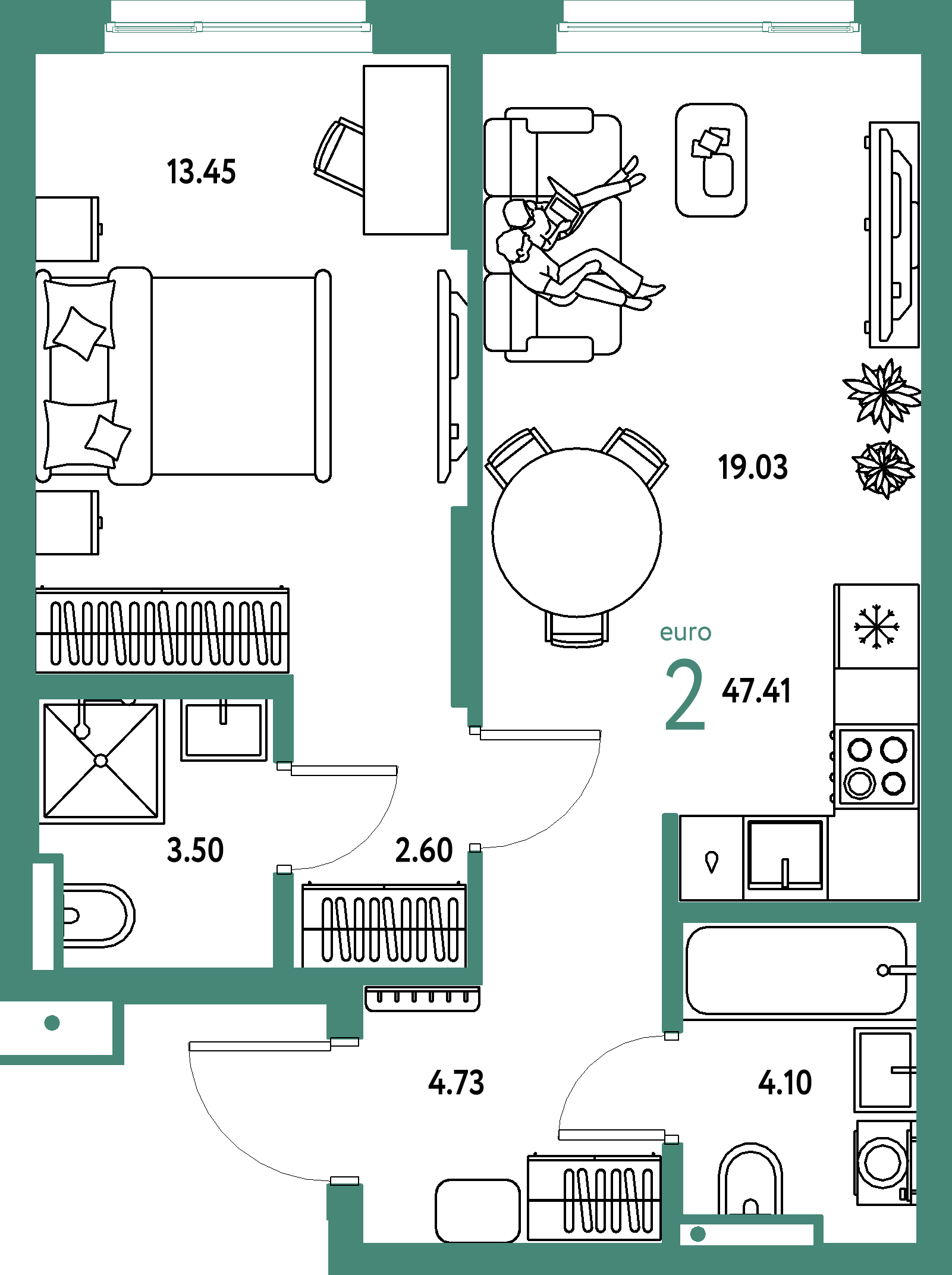 ЖК "Страна.Парковая"-2-комнатная 47.41 м²