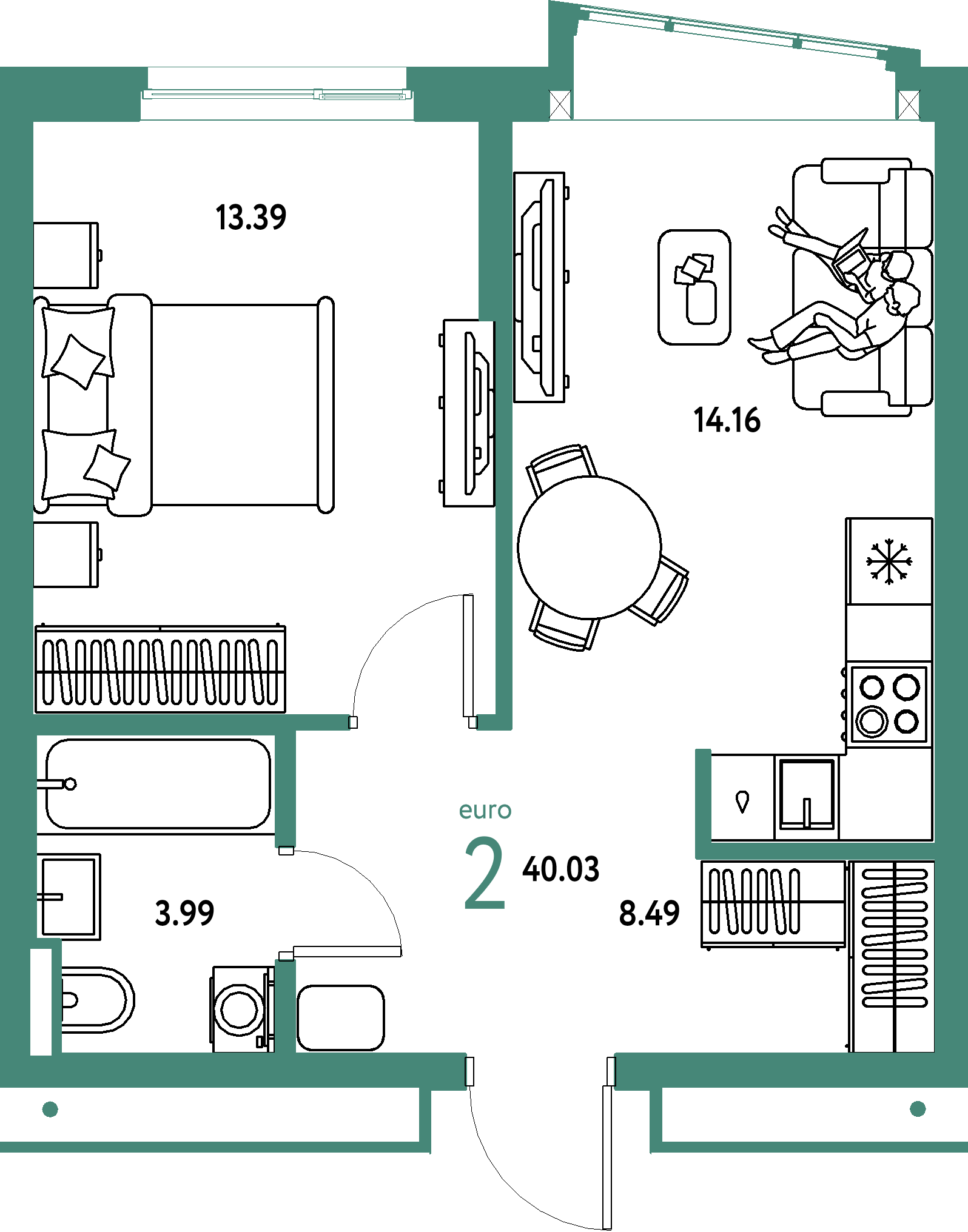 ЖК "Страна.Парковая"-2-комнатная 40.03 м²