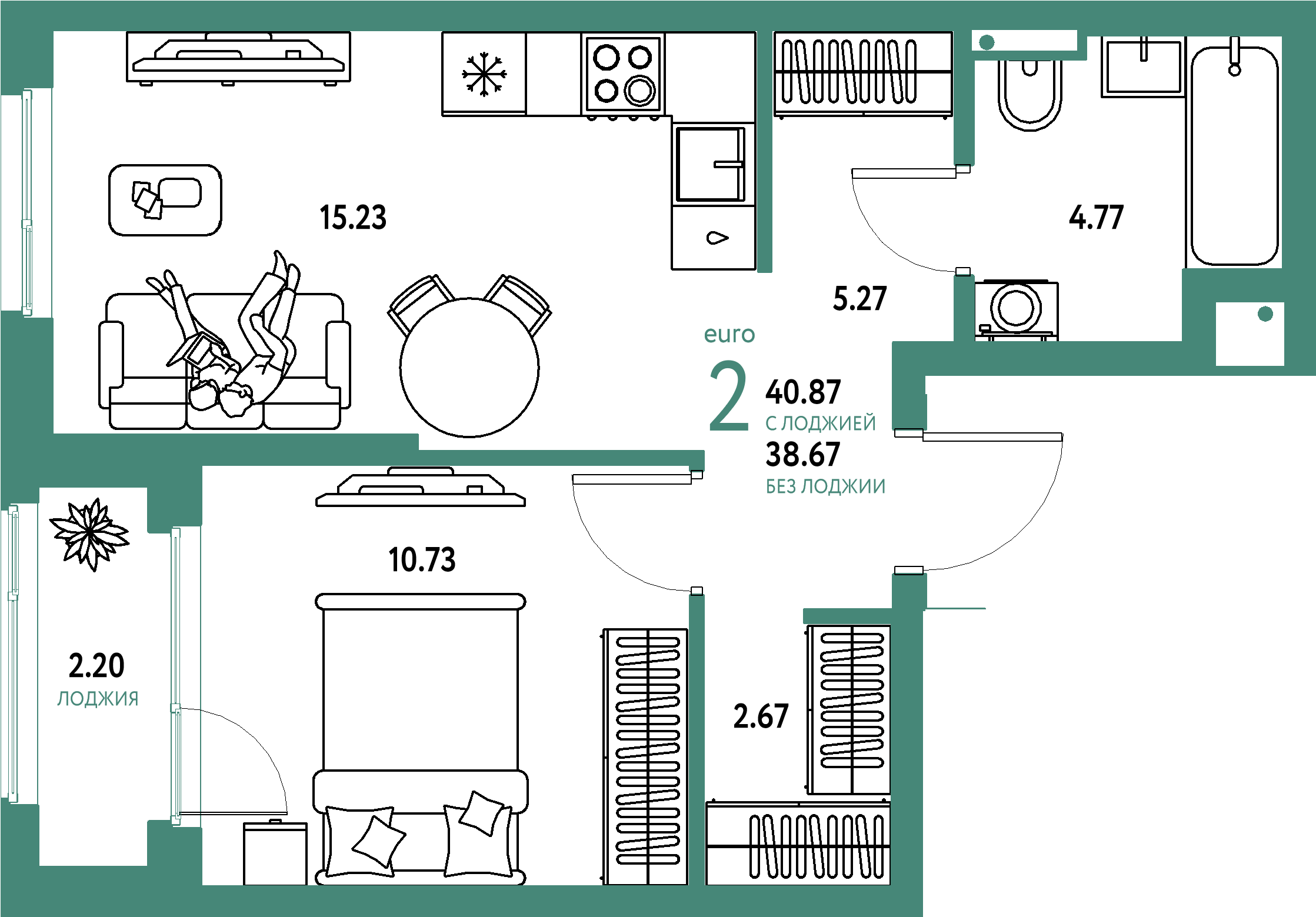 ЖК "Страна.Парковая"-2-комнатная 40.87 м²