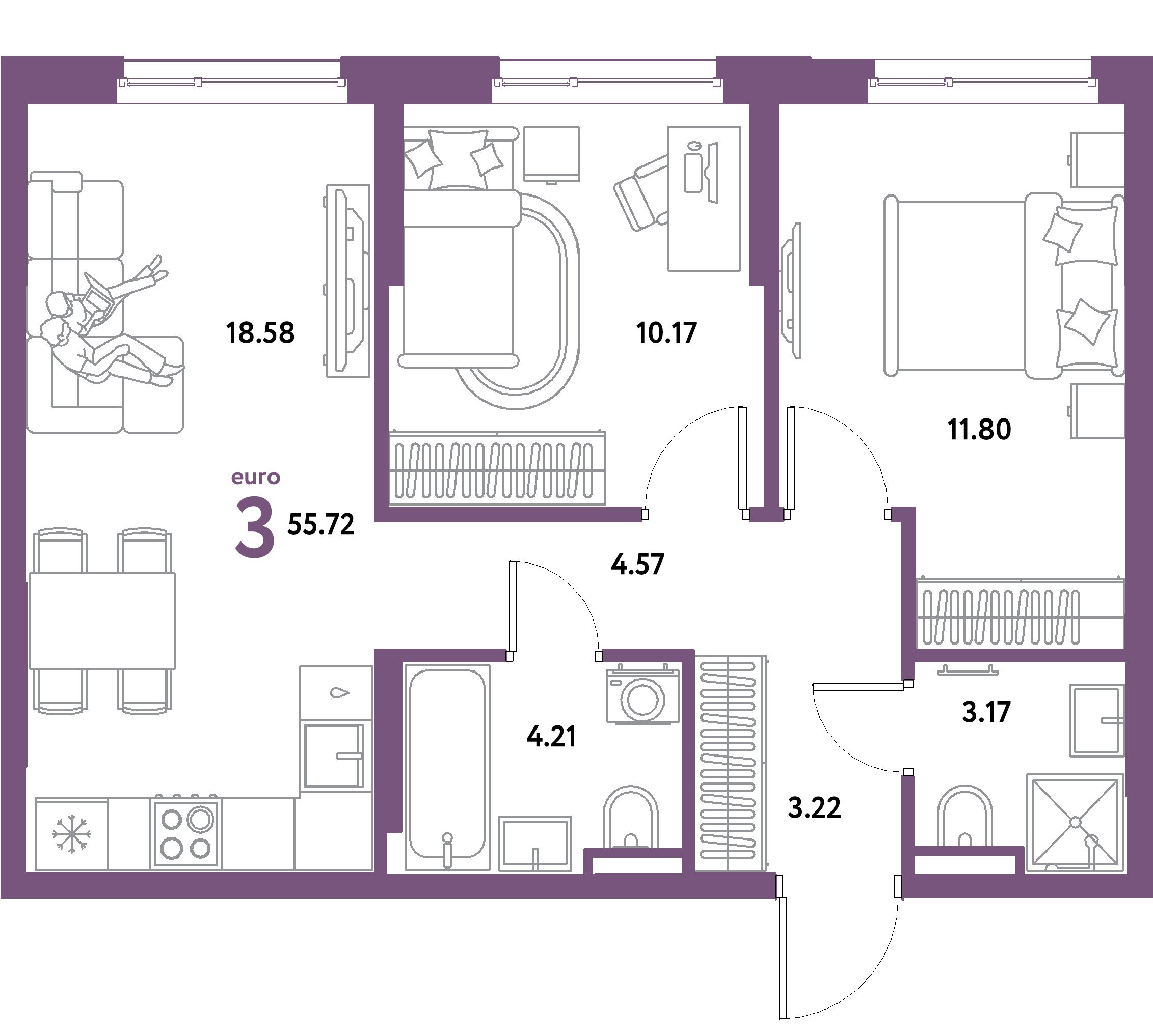 ЖК "Остров-сад"-3-комнатная 55.72 м²