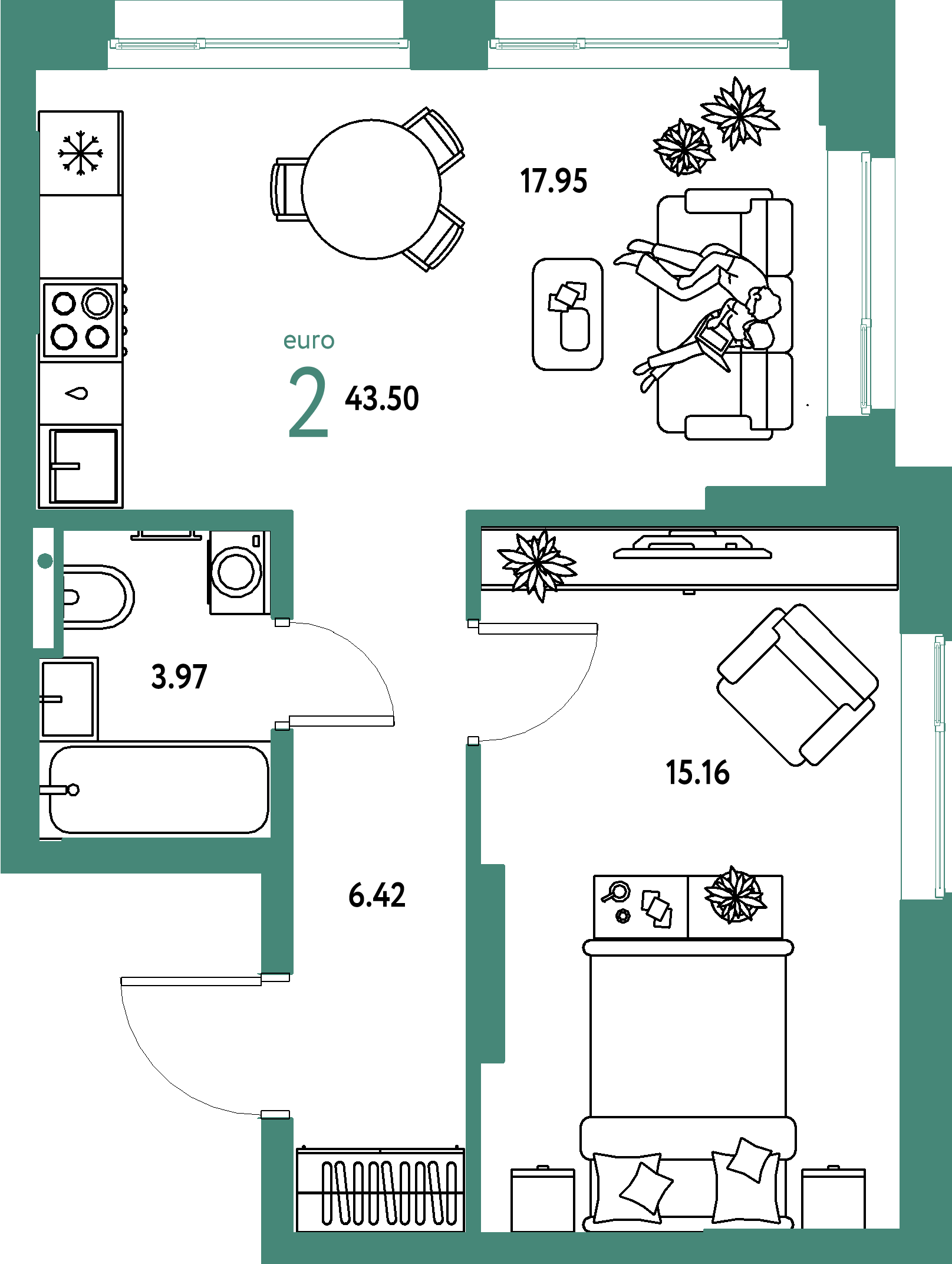 ЖК "Страна.Парковая"-2-комнатная 43.5 м²
