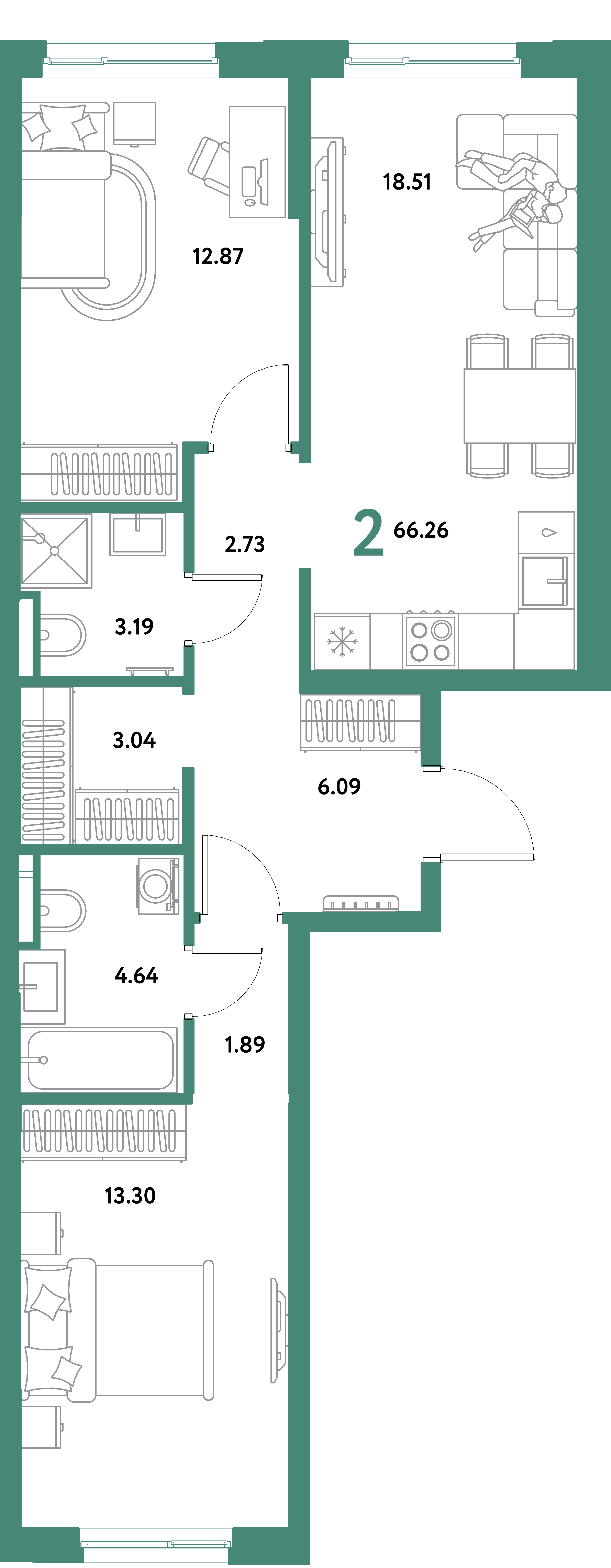 ЖК "Остров-сад"-2-комнатная 66.26 м²