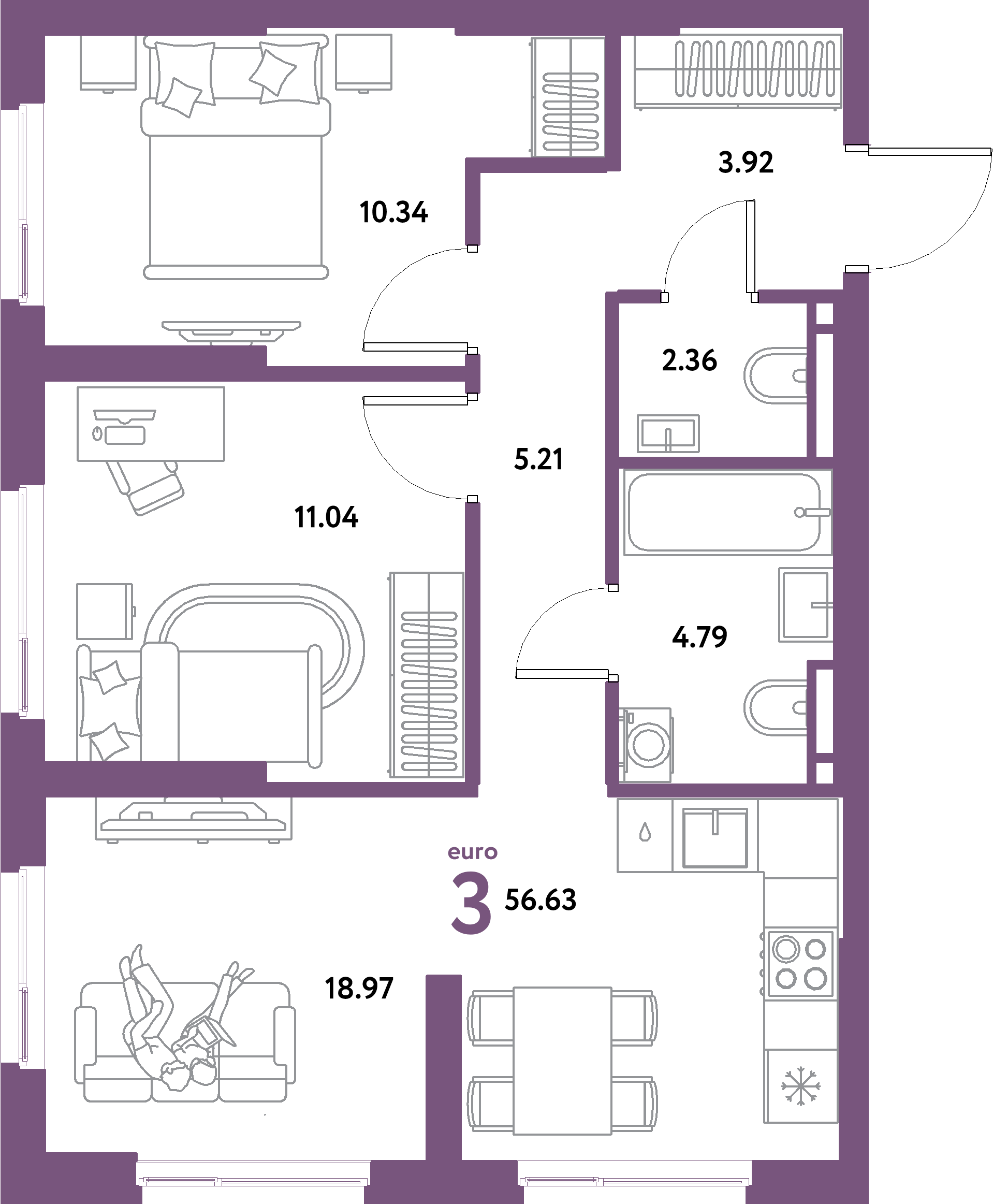 ЖК "Остров-сад"-3-комнатная 56.63 м²